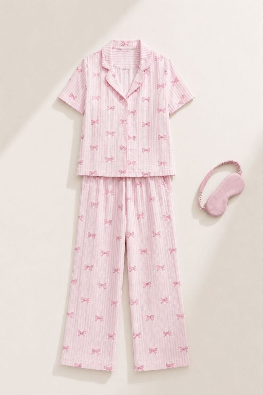 SUISY-Fiyonk Desenli Pembe Uzun Pijama Takımı SUISY COLLECTION