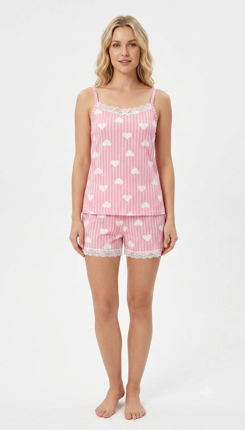 SUISY-Kalp Desenli Kadın Şortlu Pijama Takımı SUISY COLLECTION