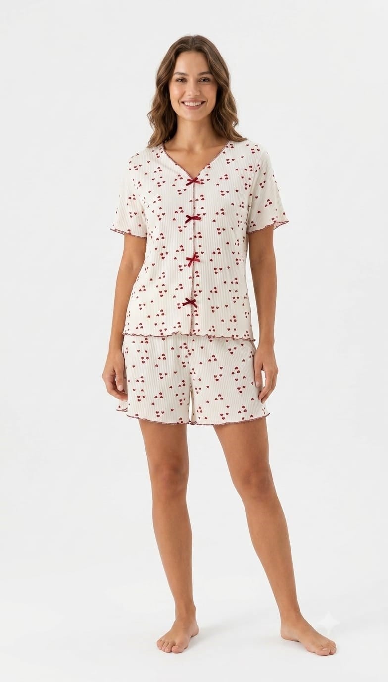 SUISY-Kırmızı Kalp Desenli Kadın Şortlu Pijama Takımı SUISY COLLECTION