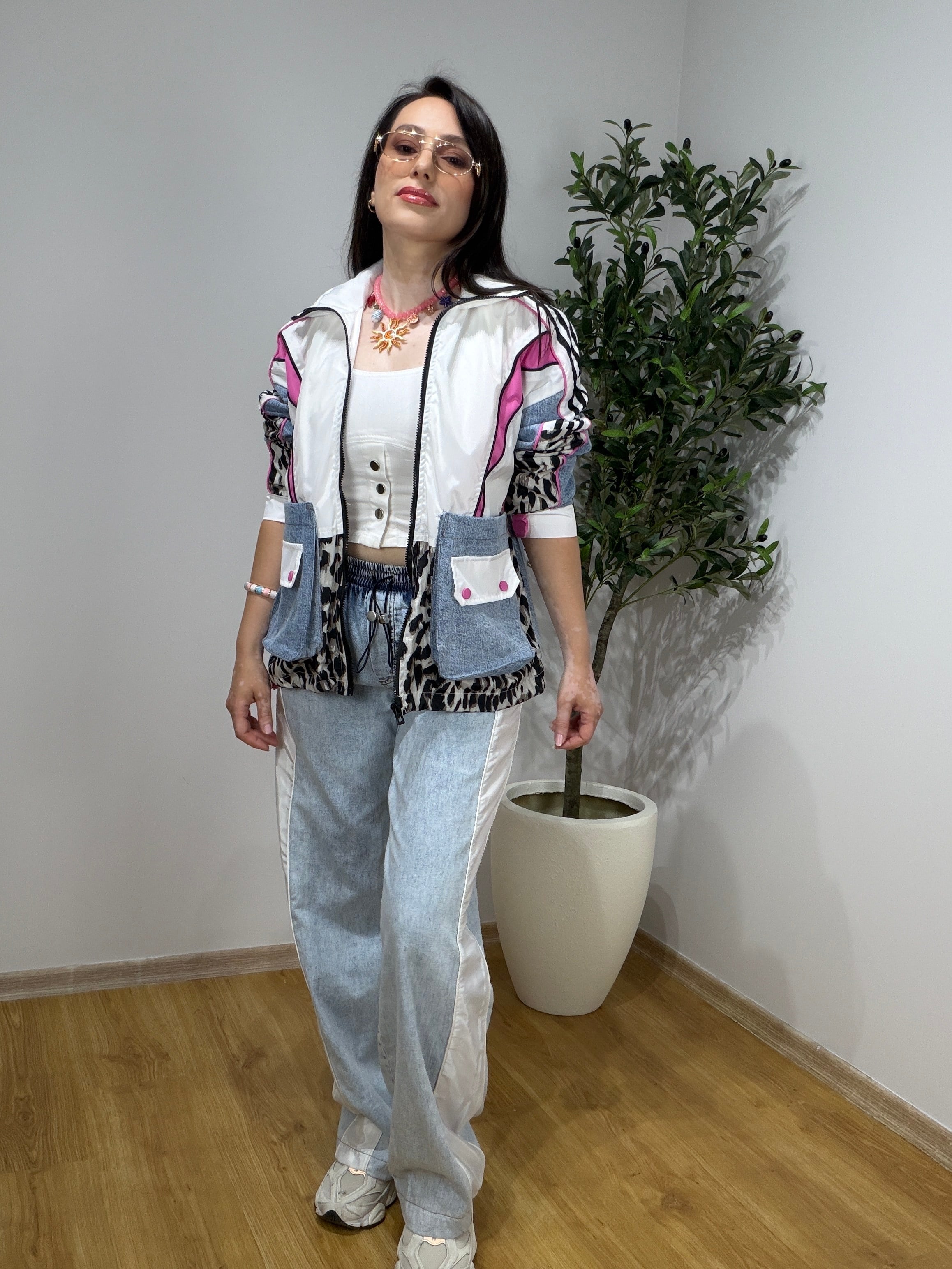  Denim Garnili Leopar Tasarım Ceket
