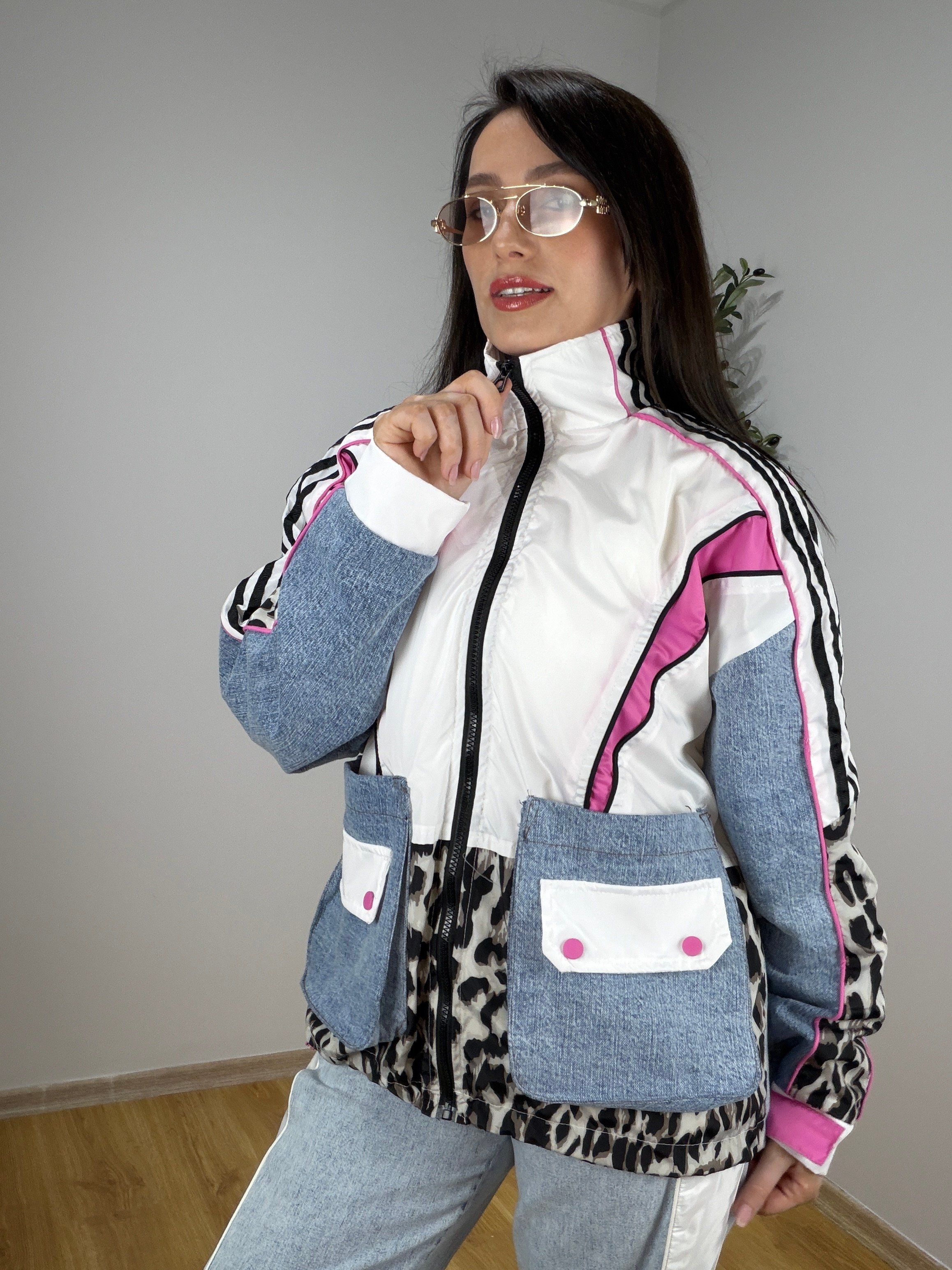  Denim Garnili Leopar Tasarım Ceket