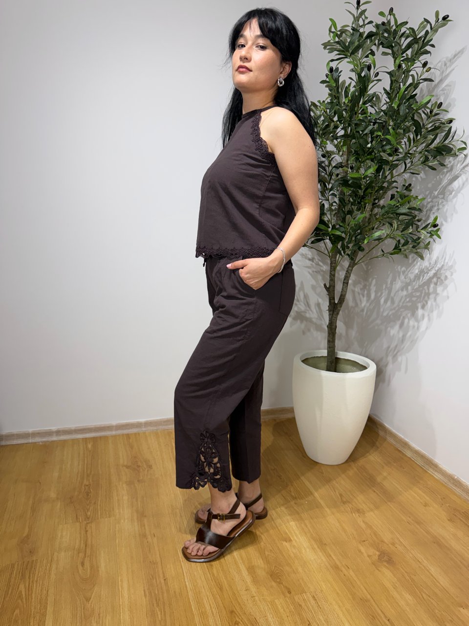  Kahverengi Dantel Garnili Beli Lastikli Pantolon