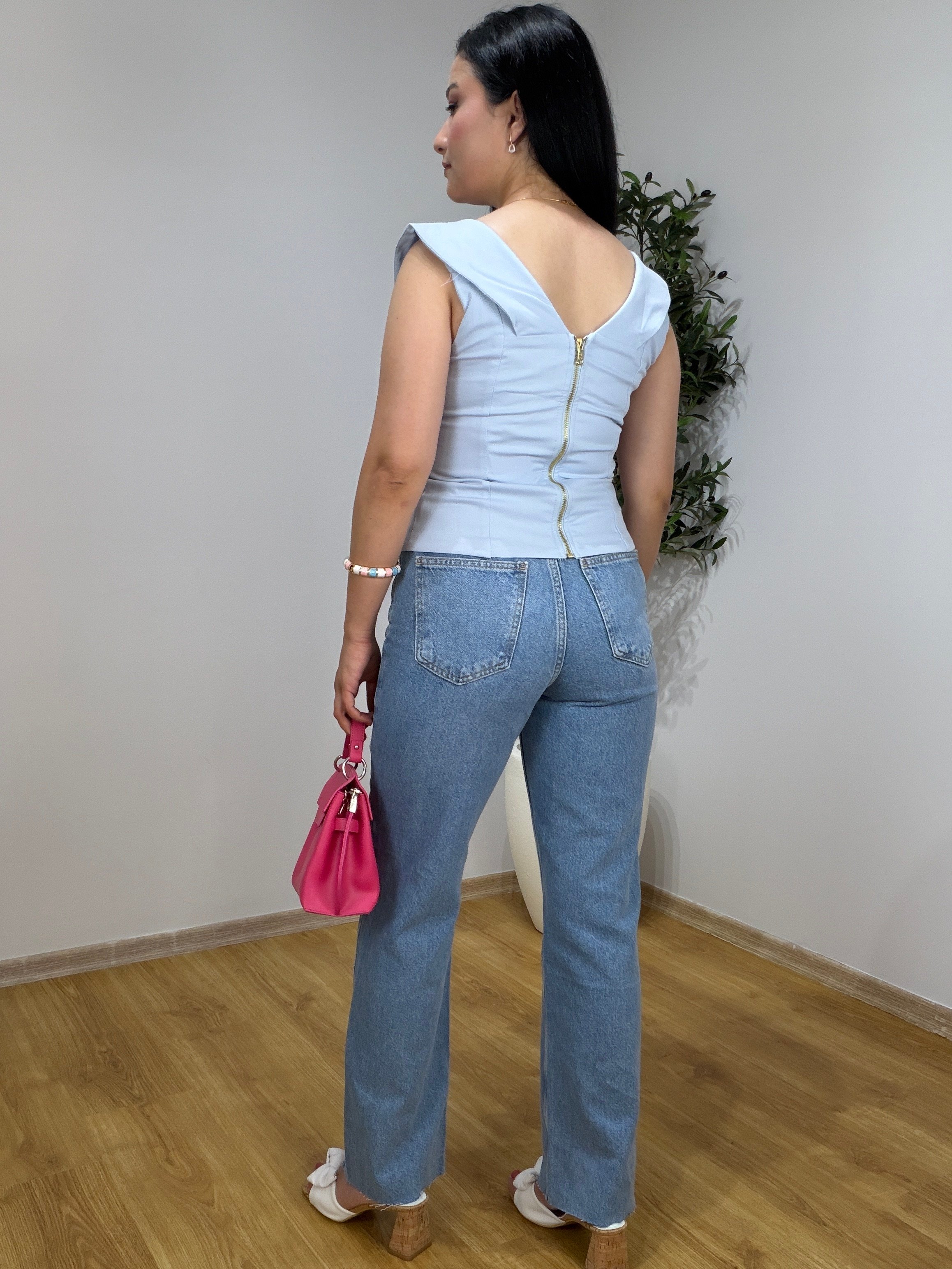 Bağcıklı Yaka Detaylı Korse Bluz-Buz Mavisi
