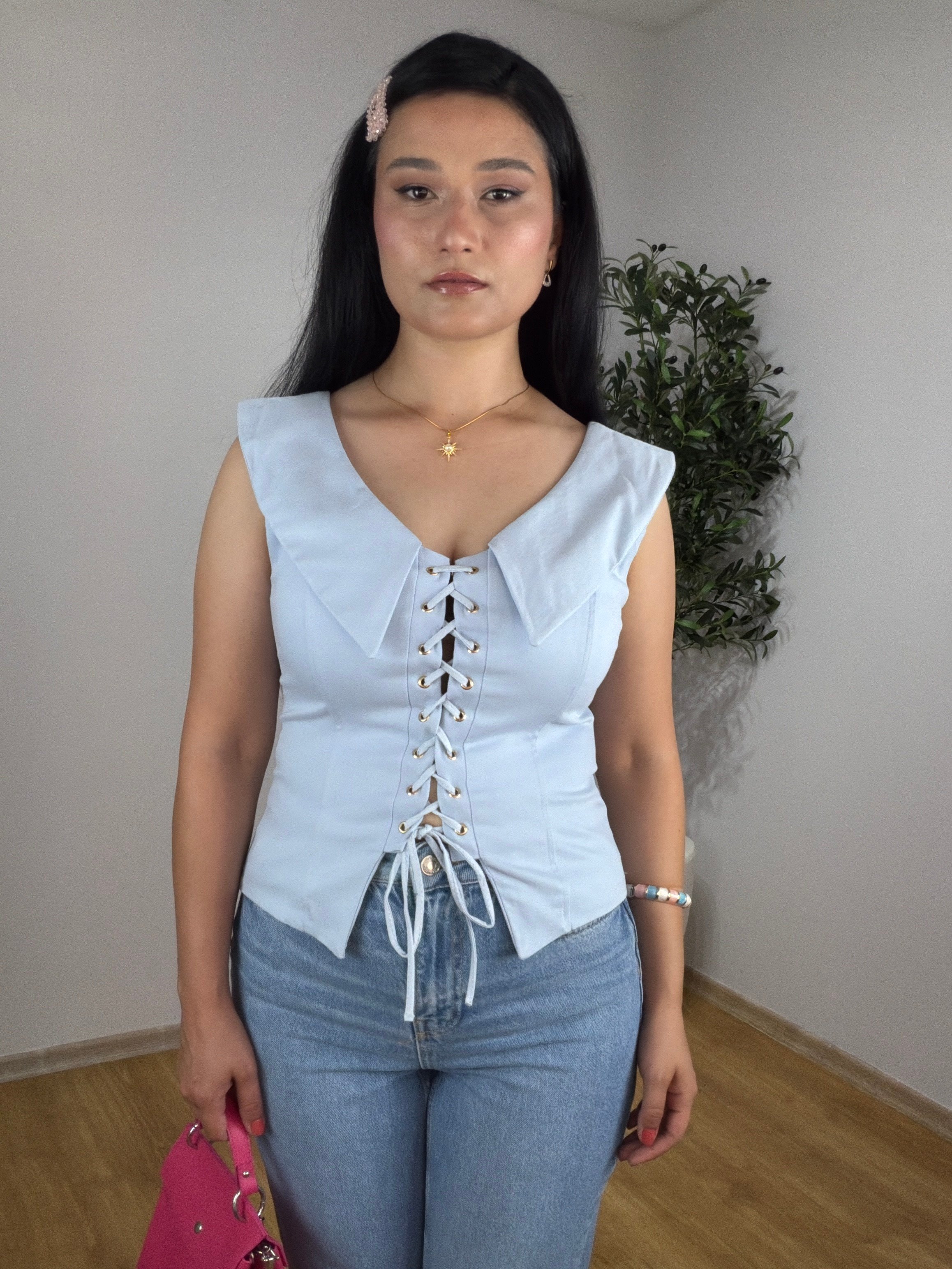 Bağcıklı Yaka Detaylı Korse Bluz-Buz Mavisi