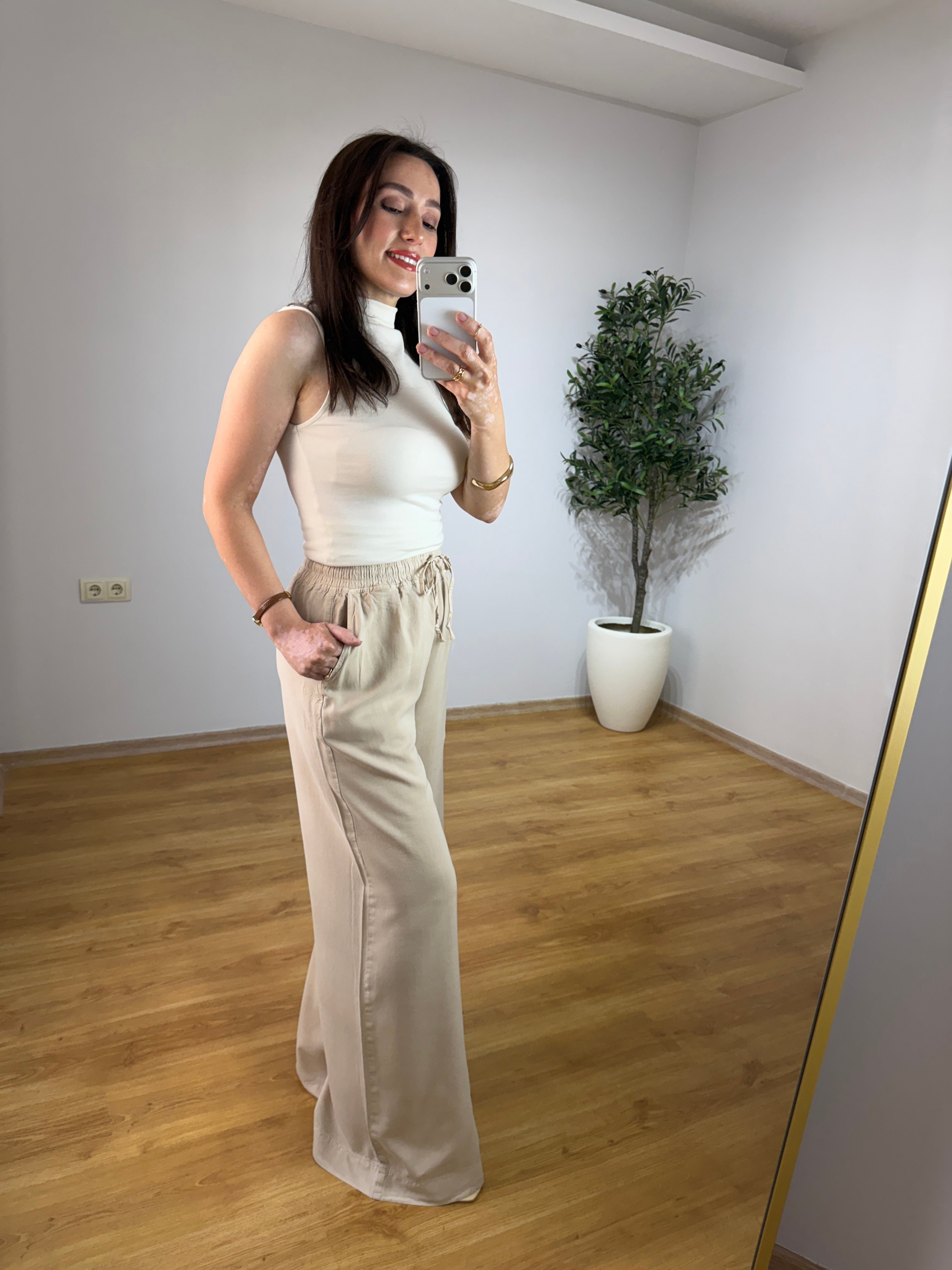 Bel Lastikli Bej Tensel  Palazzo Pantolon