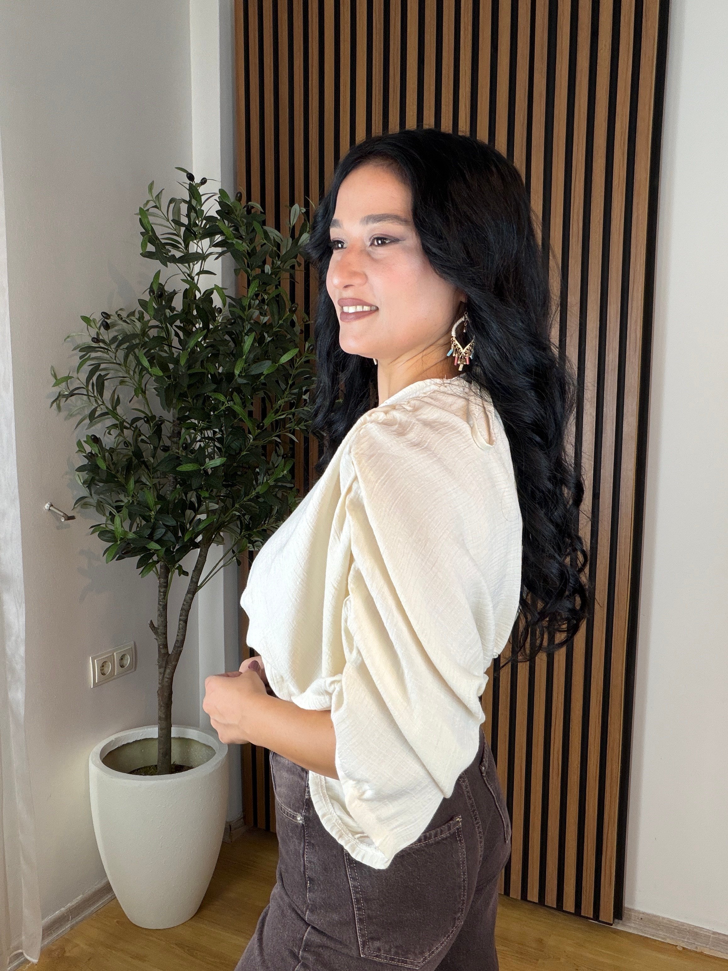 Beli Lastikli Müslin Kumaş Crop