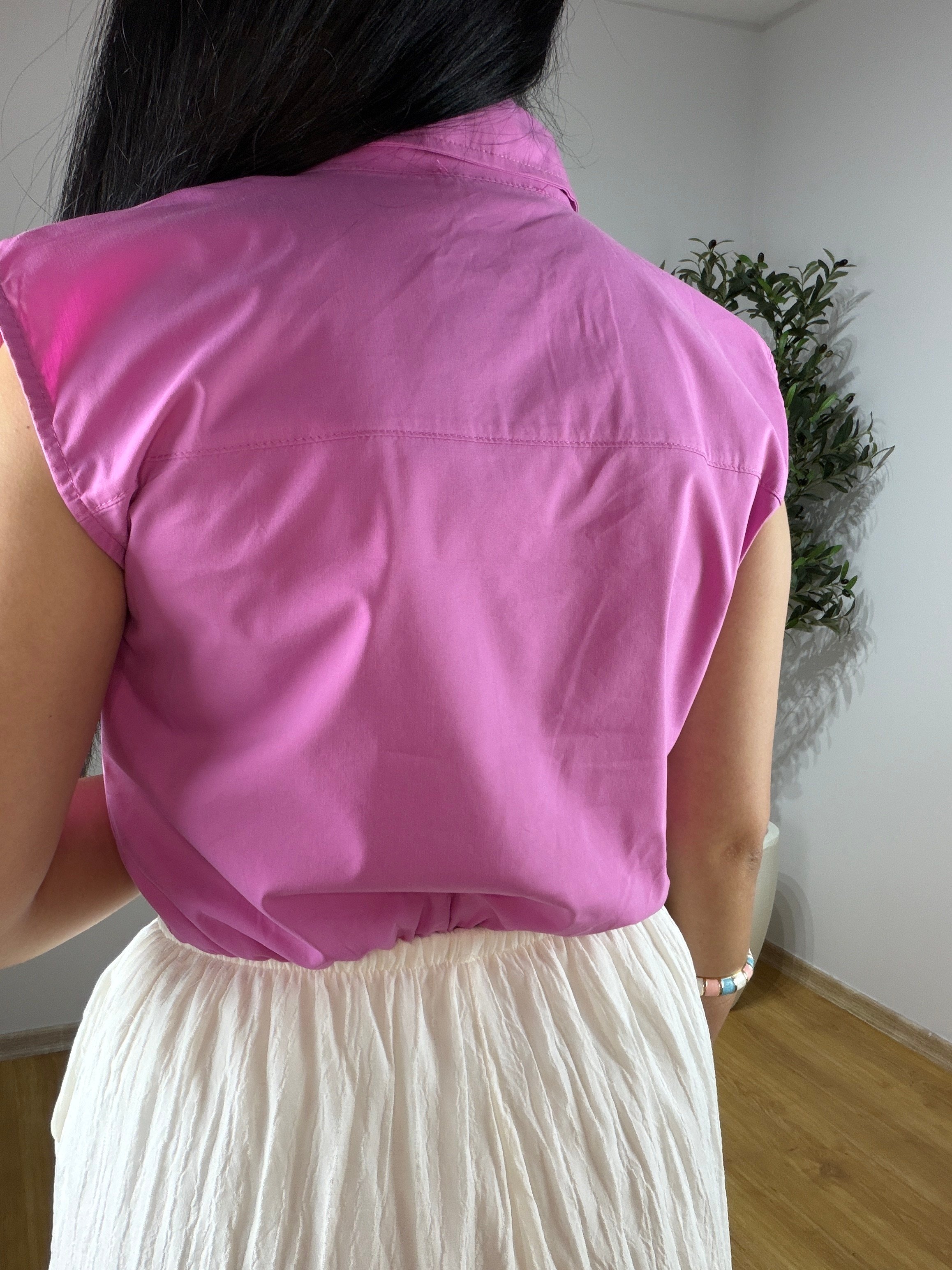 Beli Lastikli Yaka İnci Düğmeli Crop Gömlek-Pembe