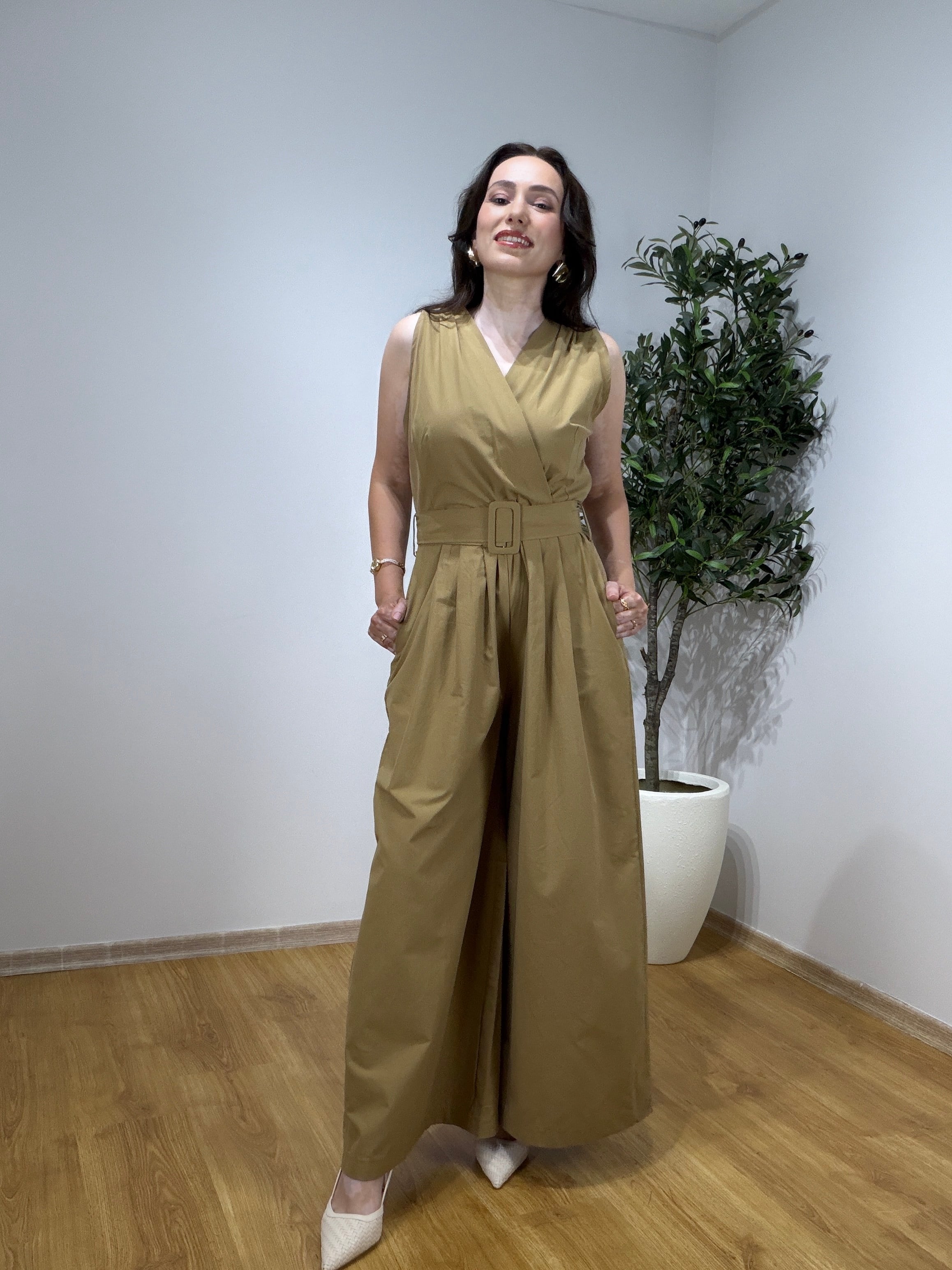 Camel Kruvaze Kemerli Poplin Tulum