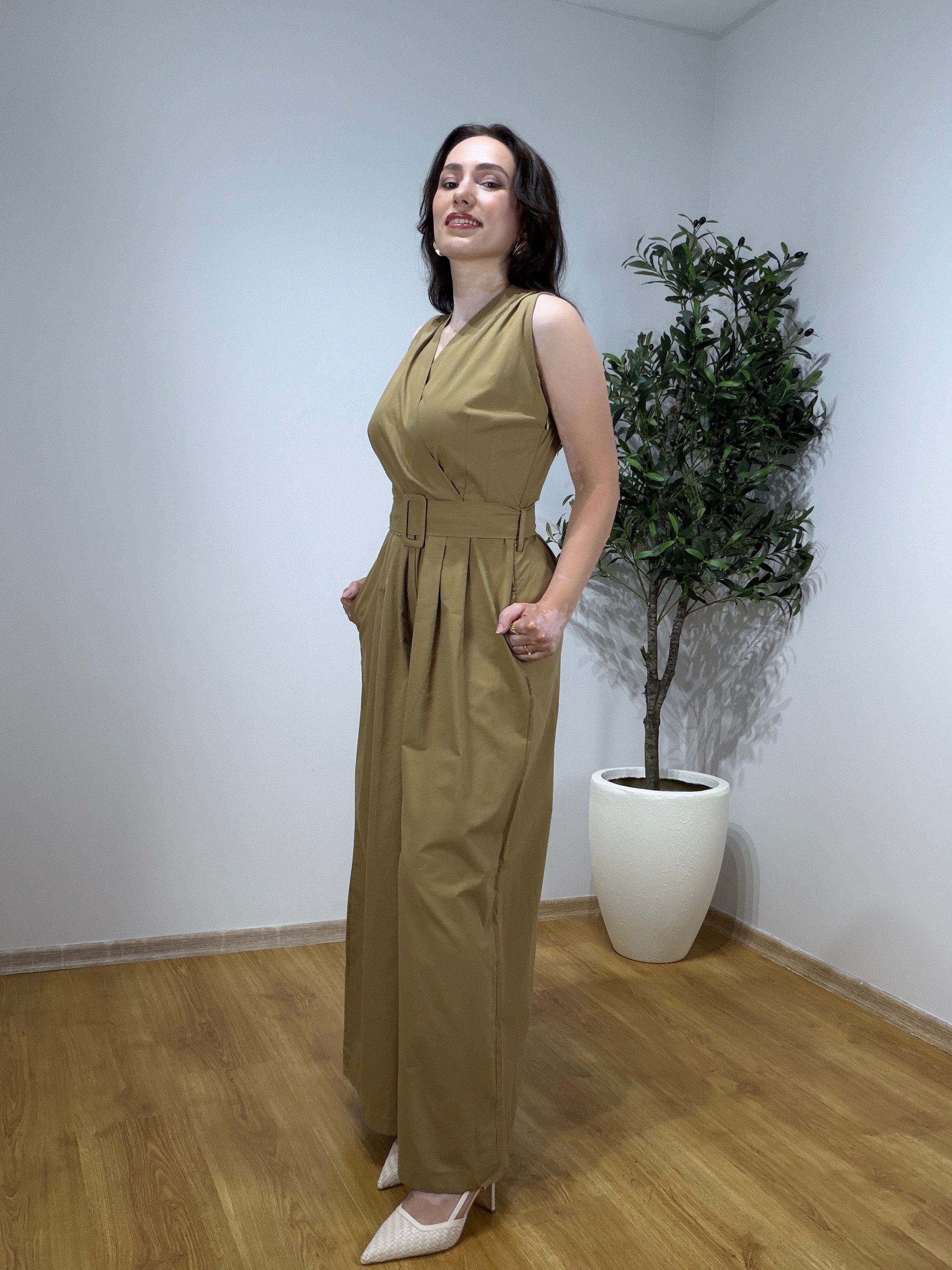 Camel Kruvaze Kemerli Poplin Tulum