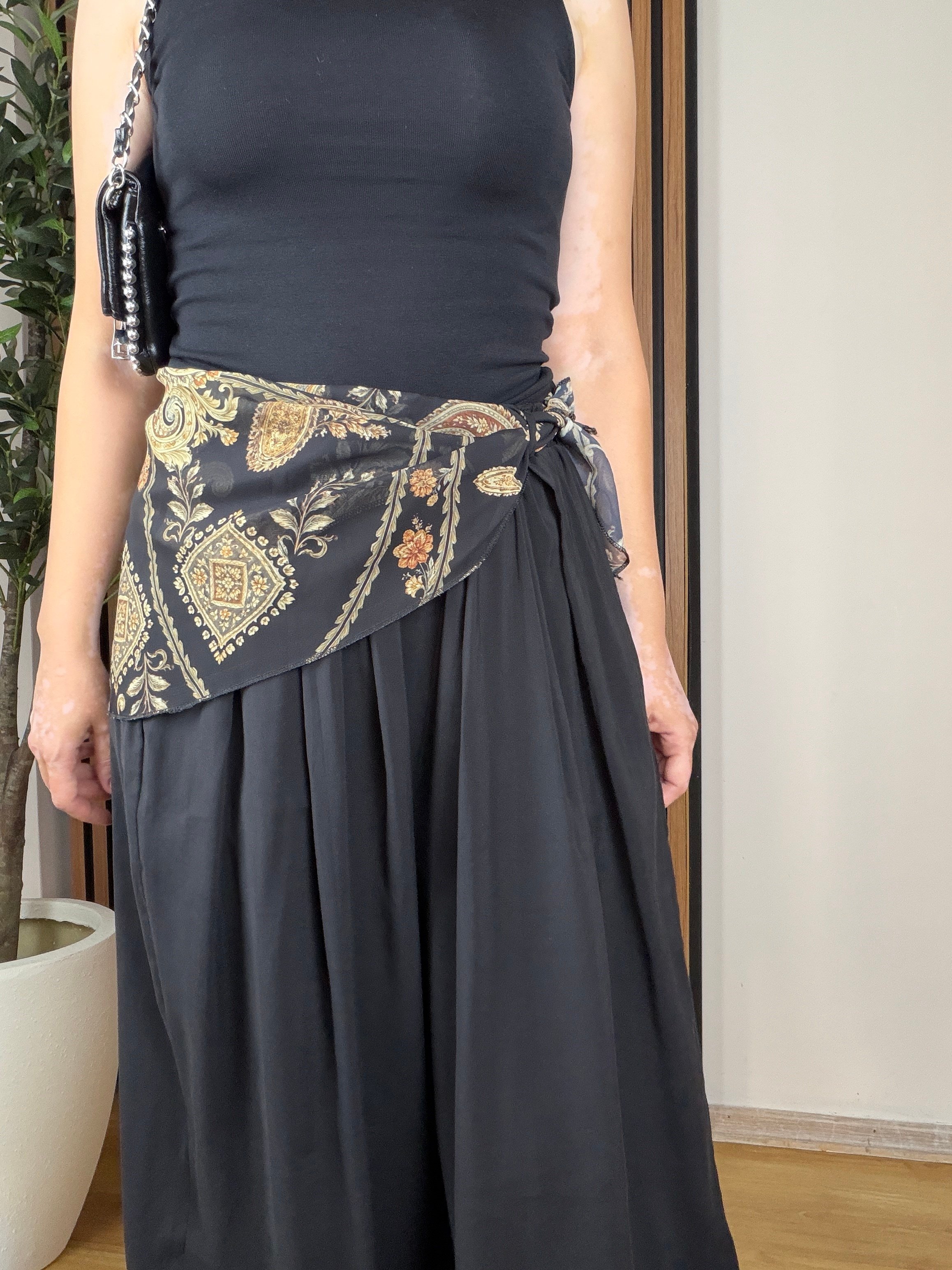 Fular Detaylı Poplin Şalvar Pantolon-Siyah