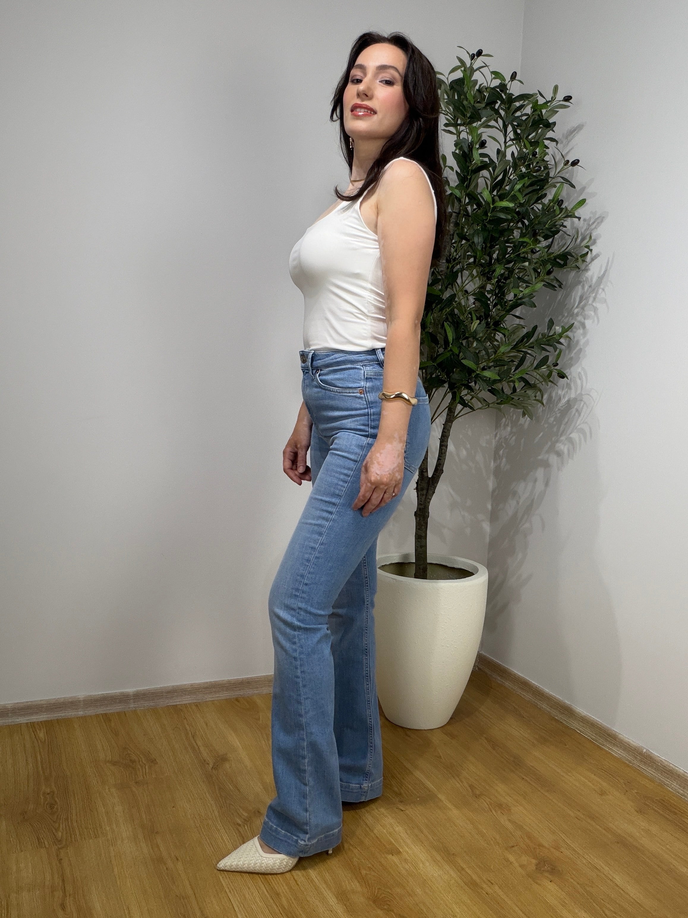 Full Esnek Premium Denim Flare Jean Pantolon-Mavi
