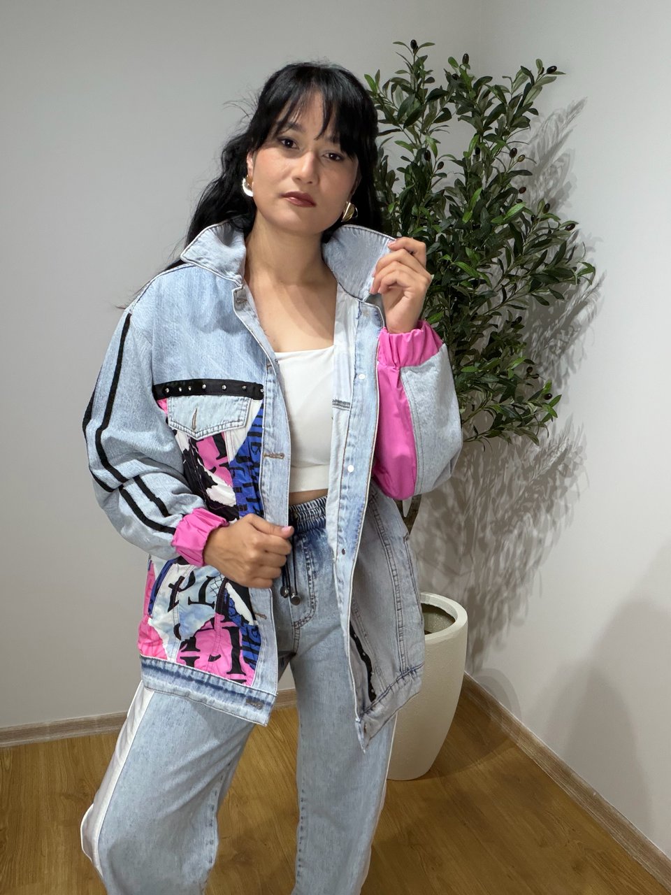Gazete Baskılı Denim Garnili Tasarım Ceket