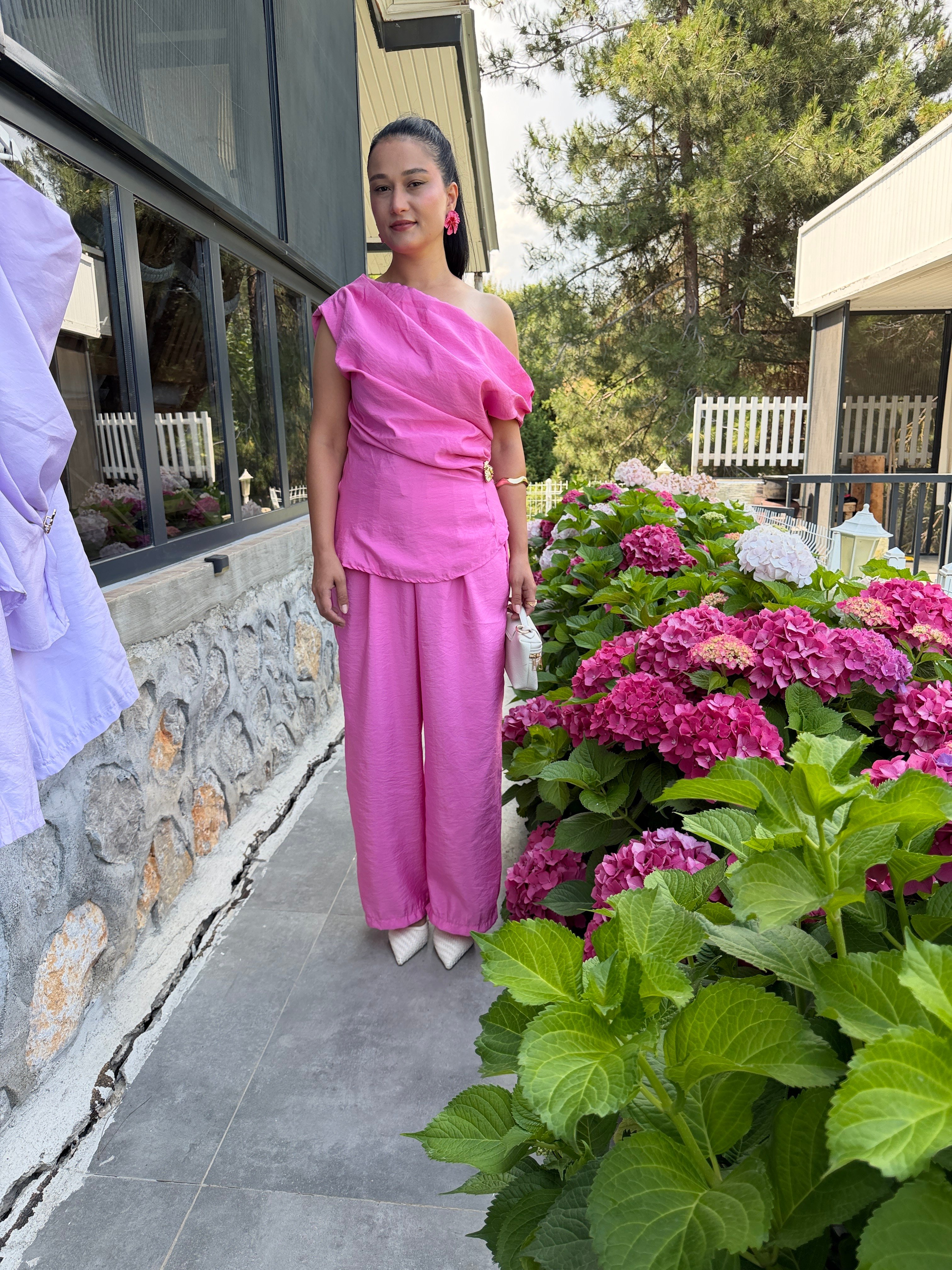 Gold Tokalı Yandan Fermuarlı Saten Takım-Pembe