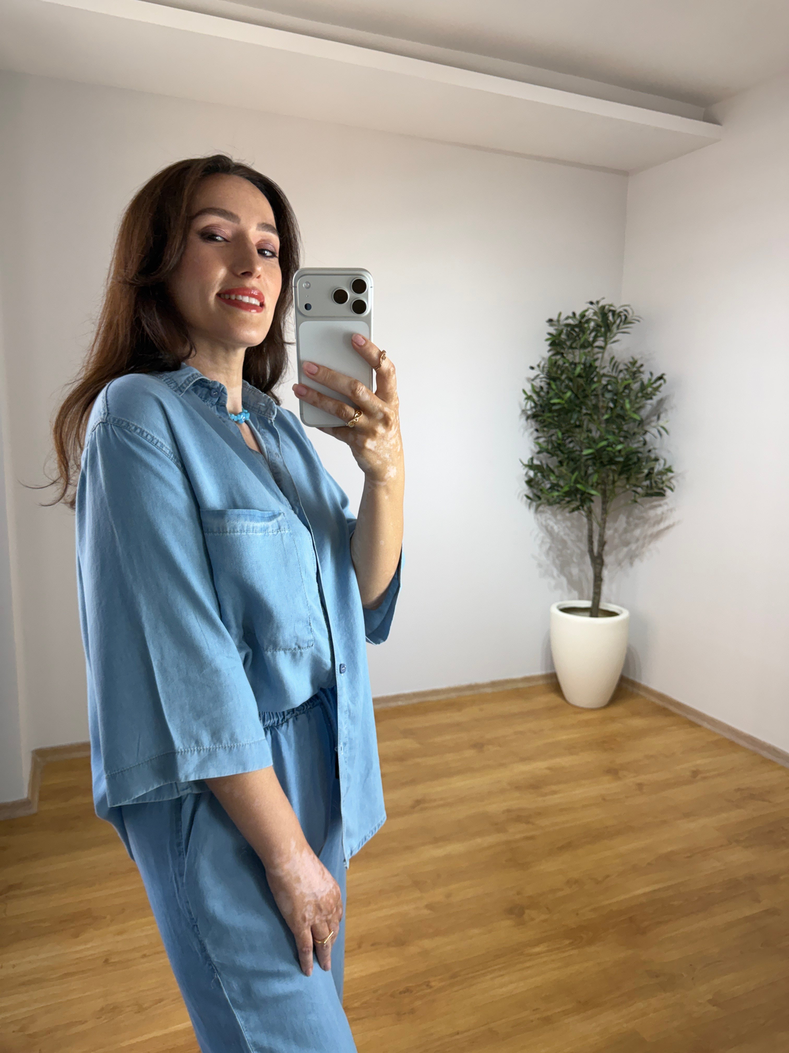 Henna Buz Mavi Yarım Kol Tensel Denim Takım
