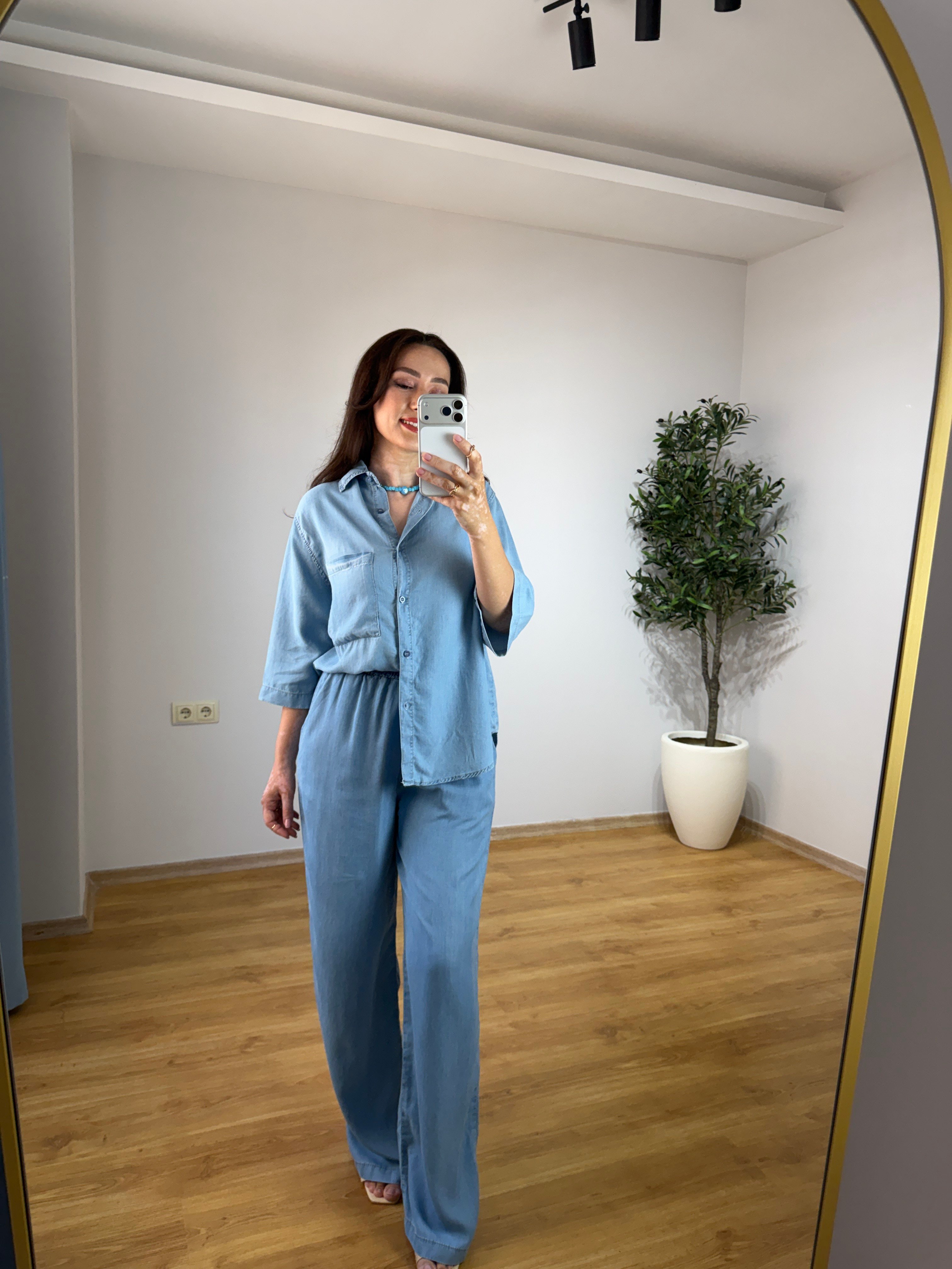 Henna Buz Mavi Yarım Kol Tensel Denim Takım