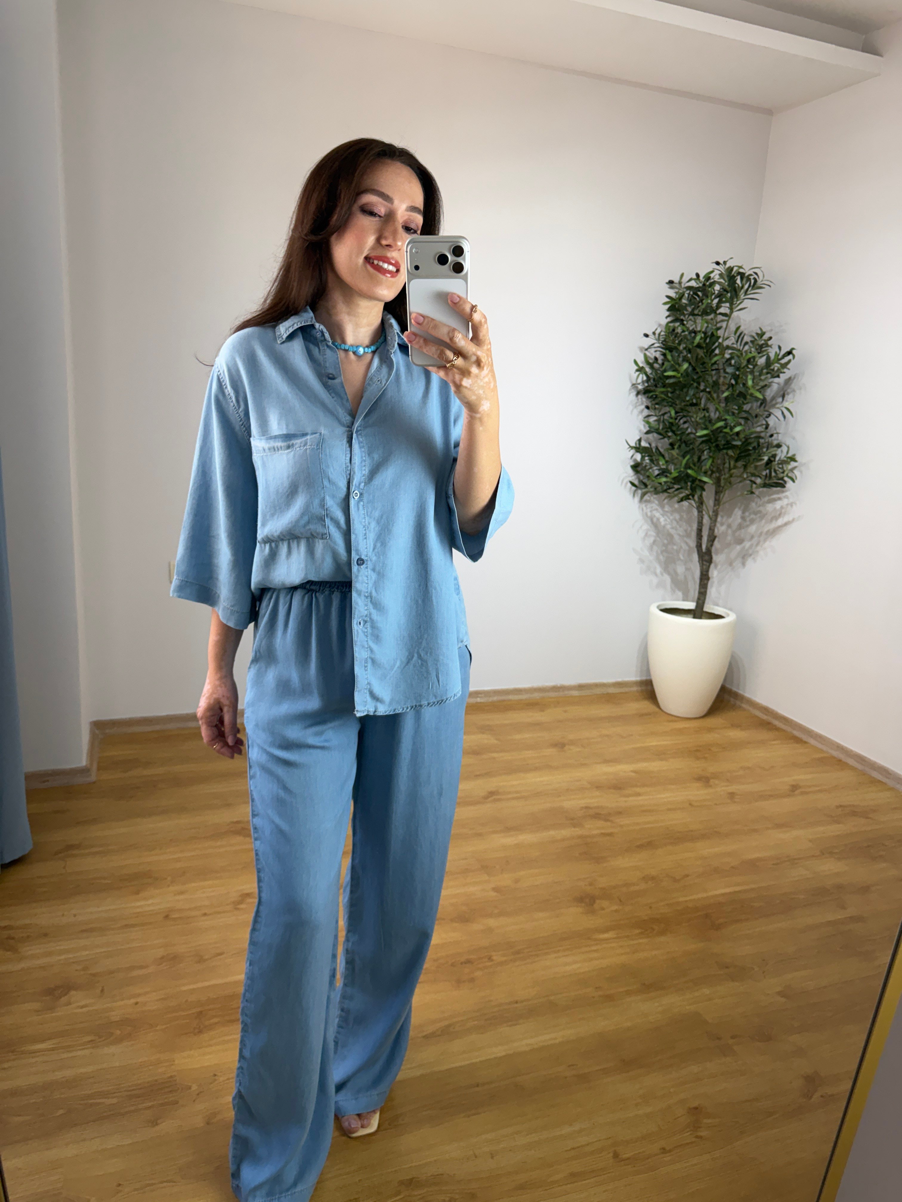 Henna Buz Mavi Yarım Kol Tensel Denim Takım