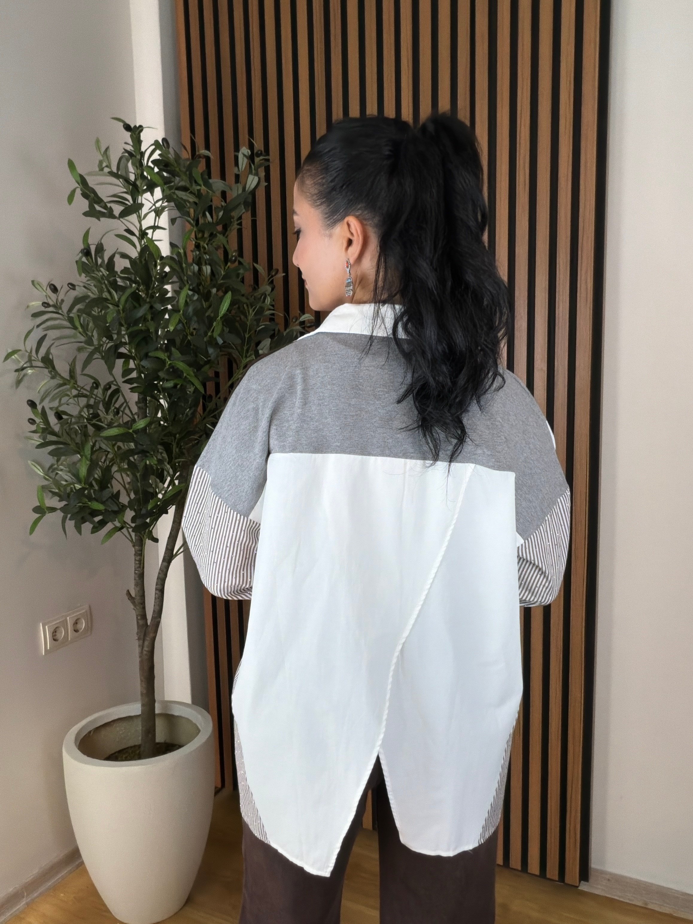 Orj Model Kolları Taşlı Premium Kalite Tasarım Gömlek-Kahverengi