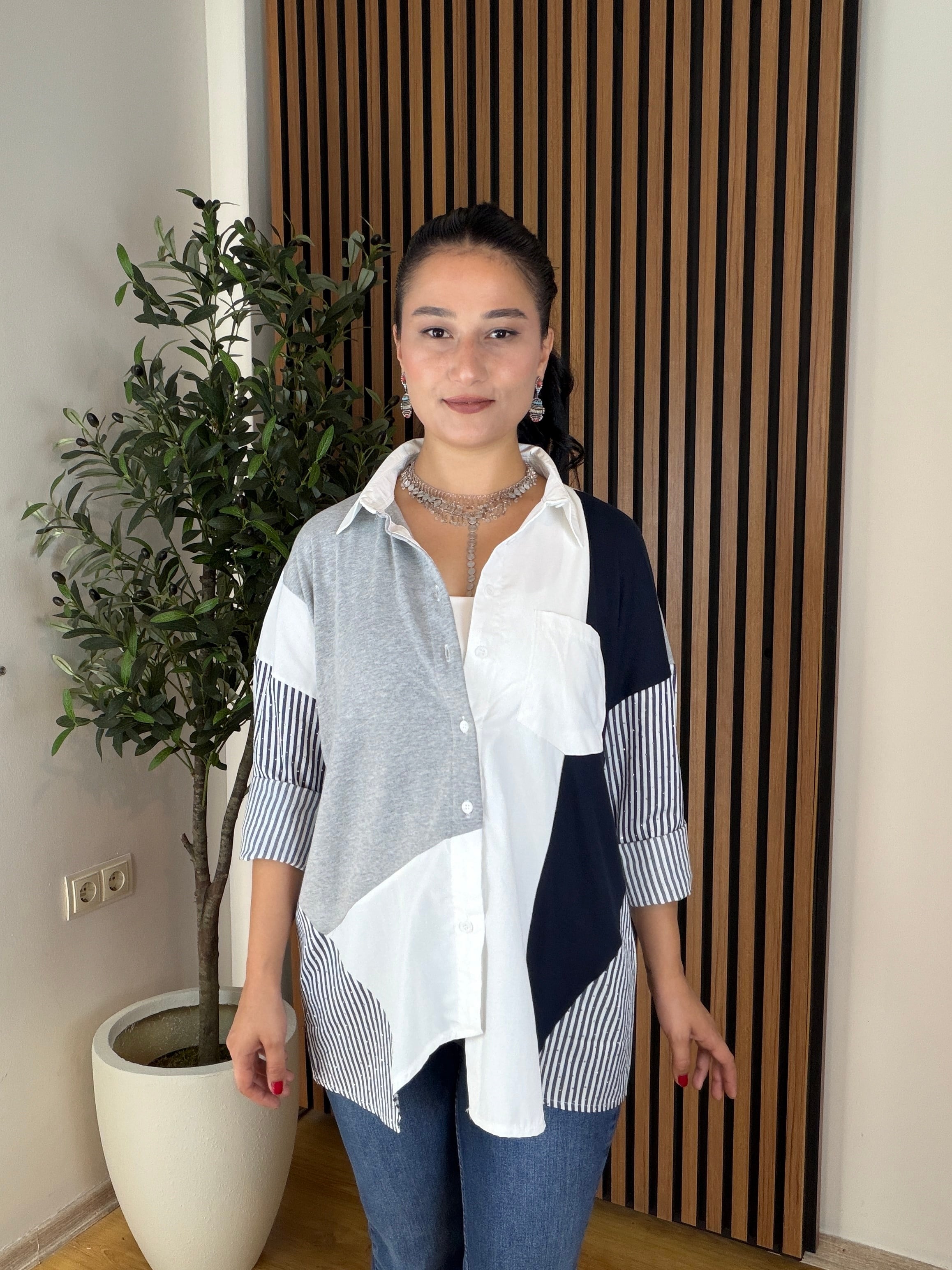 Orj Model Kolları Taşlı Premium Kalite Tasarım Gömlek-Lacivert