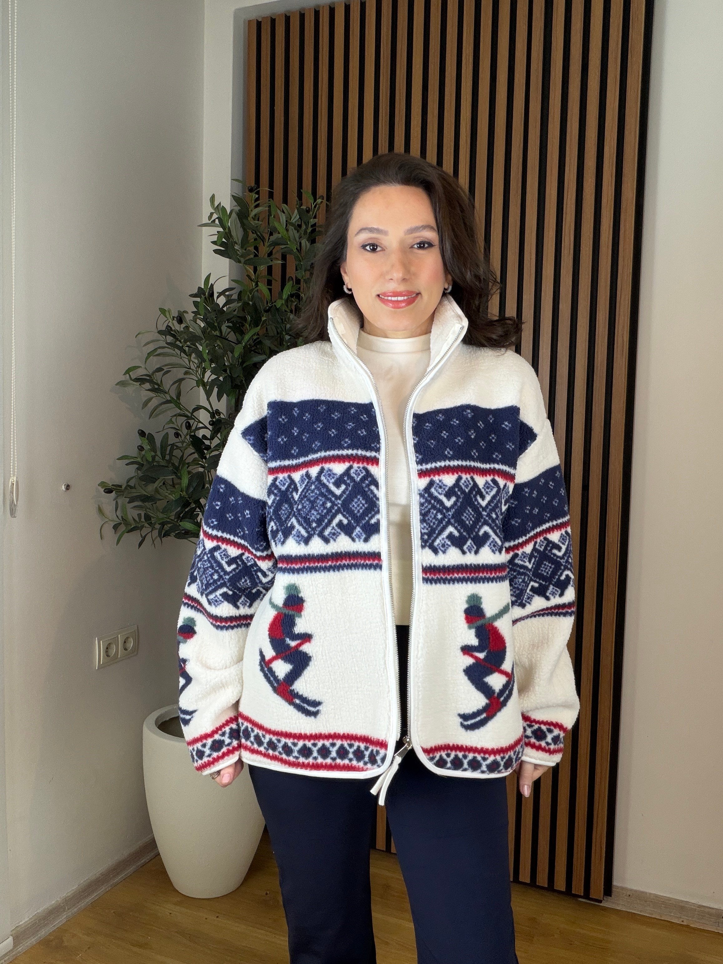 Oysh Model Polar Ceket Çift Kayakçı Lacivert Desenli