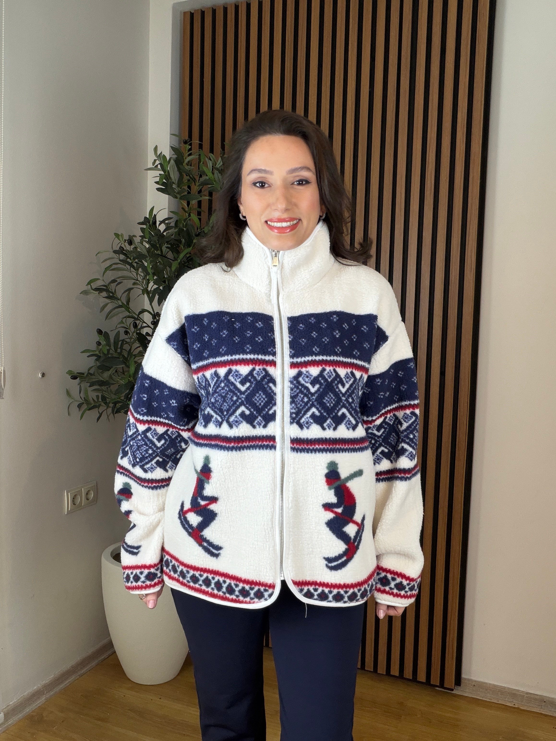 Oysh Model Polar Ceket Çift Kayakçı Lacivert Desenli