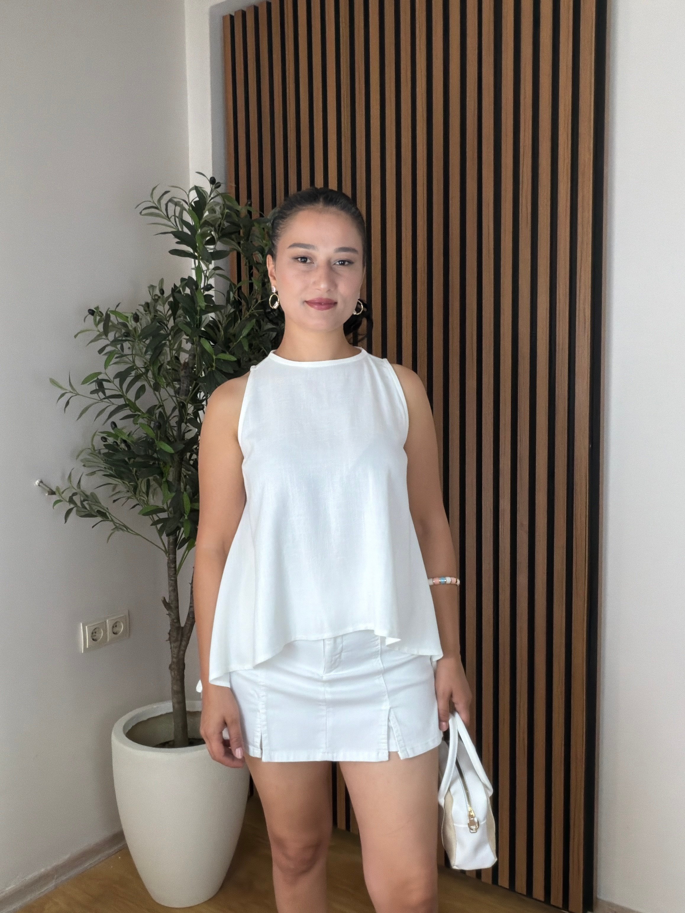 Pamuk Keten Asimetrik  Bluz-Beyaz