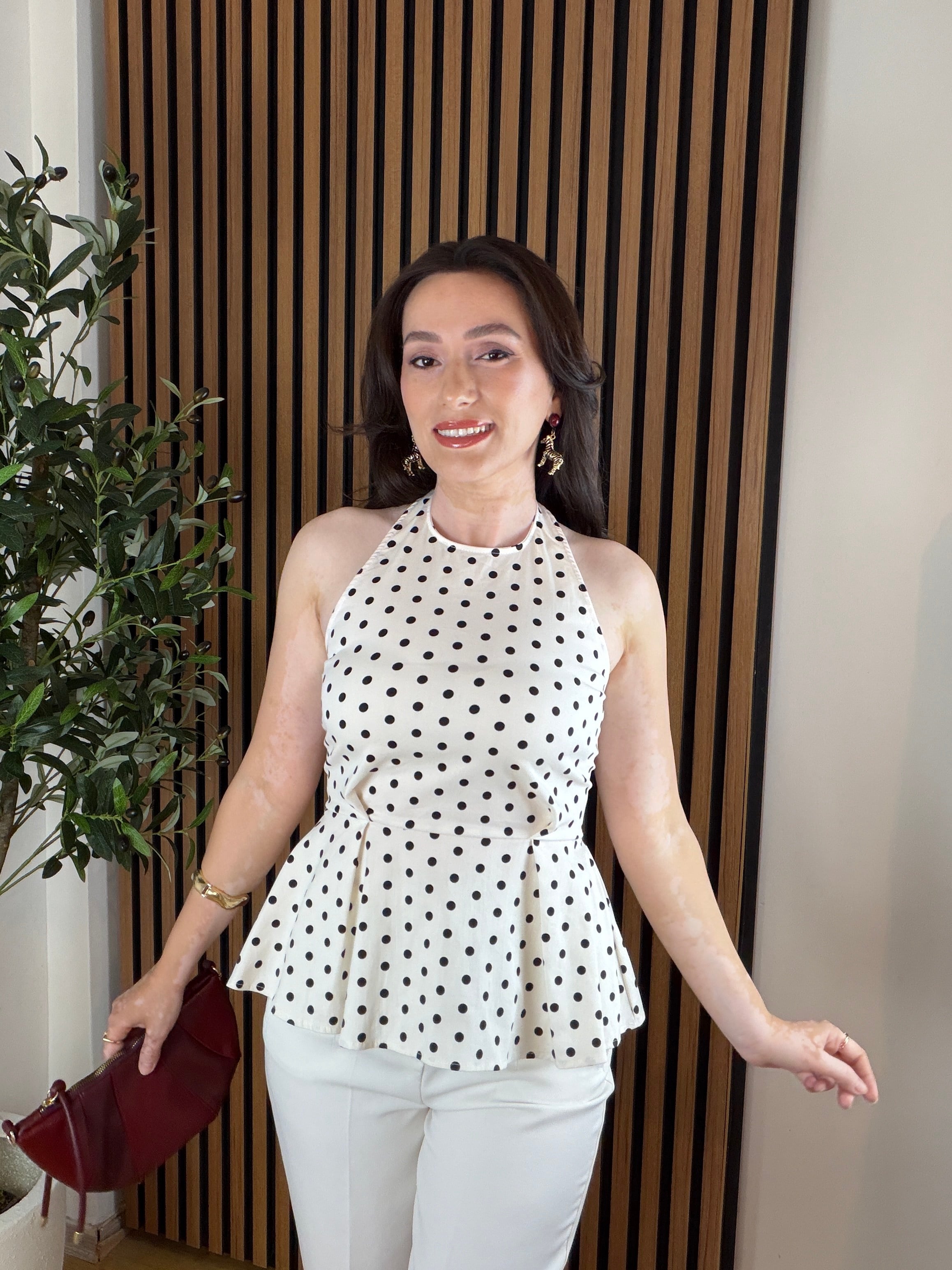 Puantiyeli Sırt Detaylı Poplin Bluz