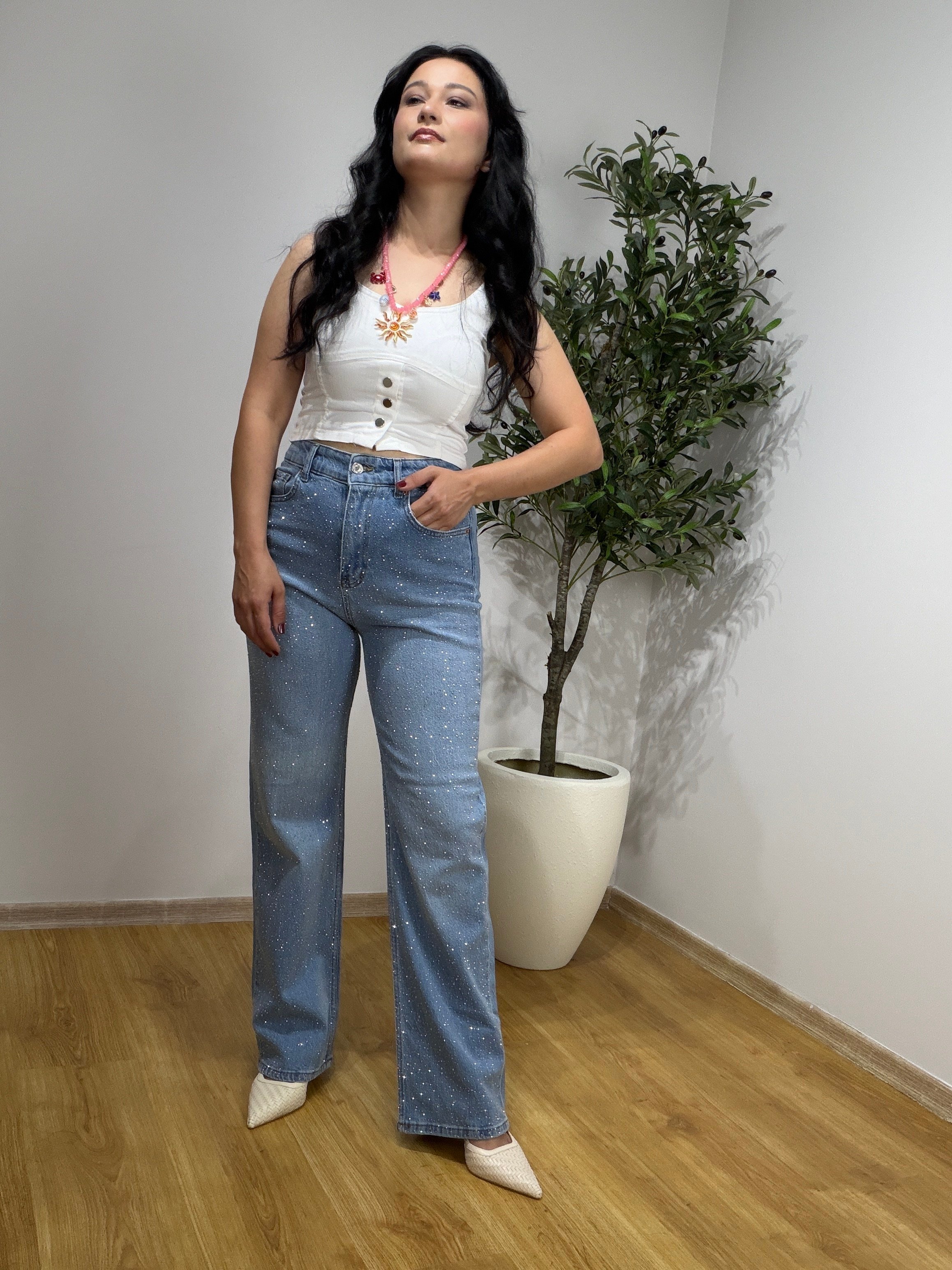 Taş İşlemeli ZR Push Up Etkili Palazzo Pantolon - Mavi