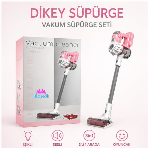 Oyuncak Sesli ve Işıklı Pembe Dikey Süpürge 3'ü 1 Arada