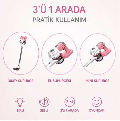 Oyuncak Sesli ve Işıklı Pembe Dikey Süpürge 3'ü 1 Arada