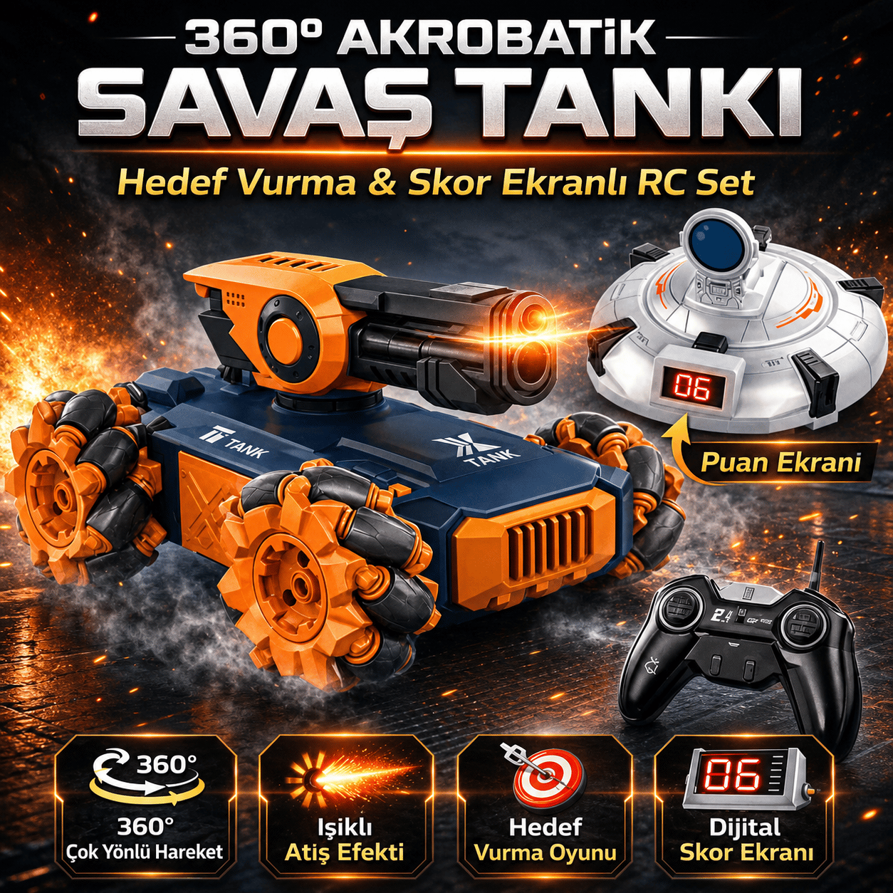 Uzaktan Kumandalı Işıklı Atış Hedefli Ufo Avcısı Akrobatik Dublör Tank Araba
