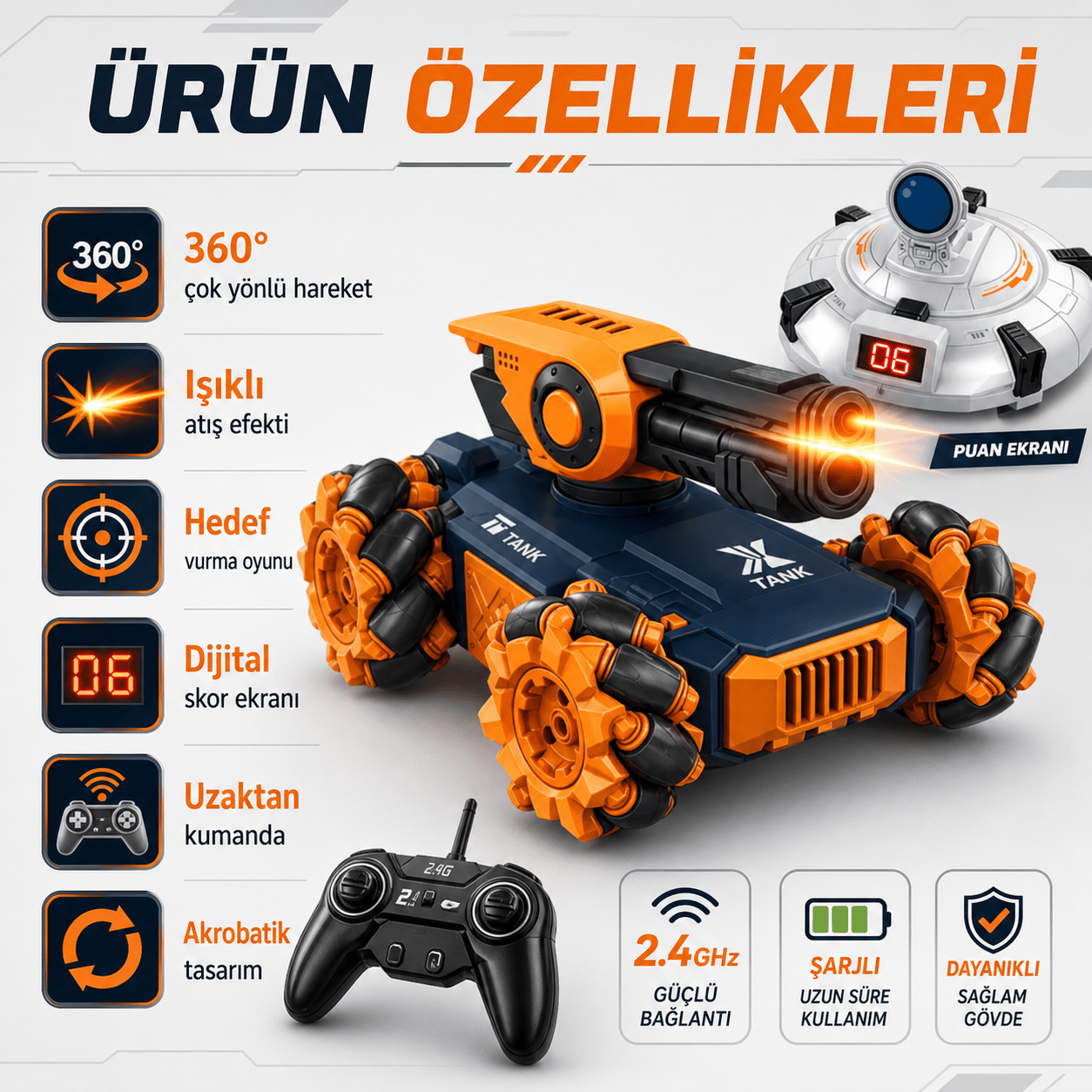 Uzaktan Kumandalı Işıklı Atış Hedefli Ufo Avcısı Akrobatik Dublör Tank Araba