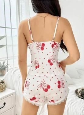 %100 COTTON KİRAZ DESENLİ DANTEL DETAYLI PİJAMA TAKIMI