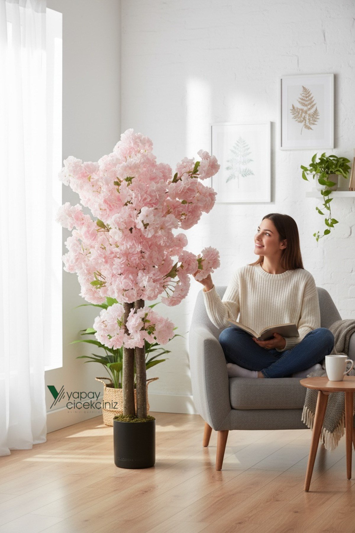 120 CM LÜKS YAPAY BAHARDALI AĞACI TOZ PEMBE