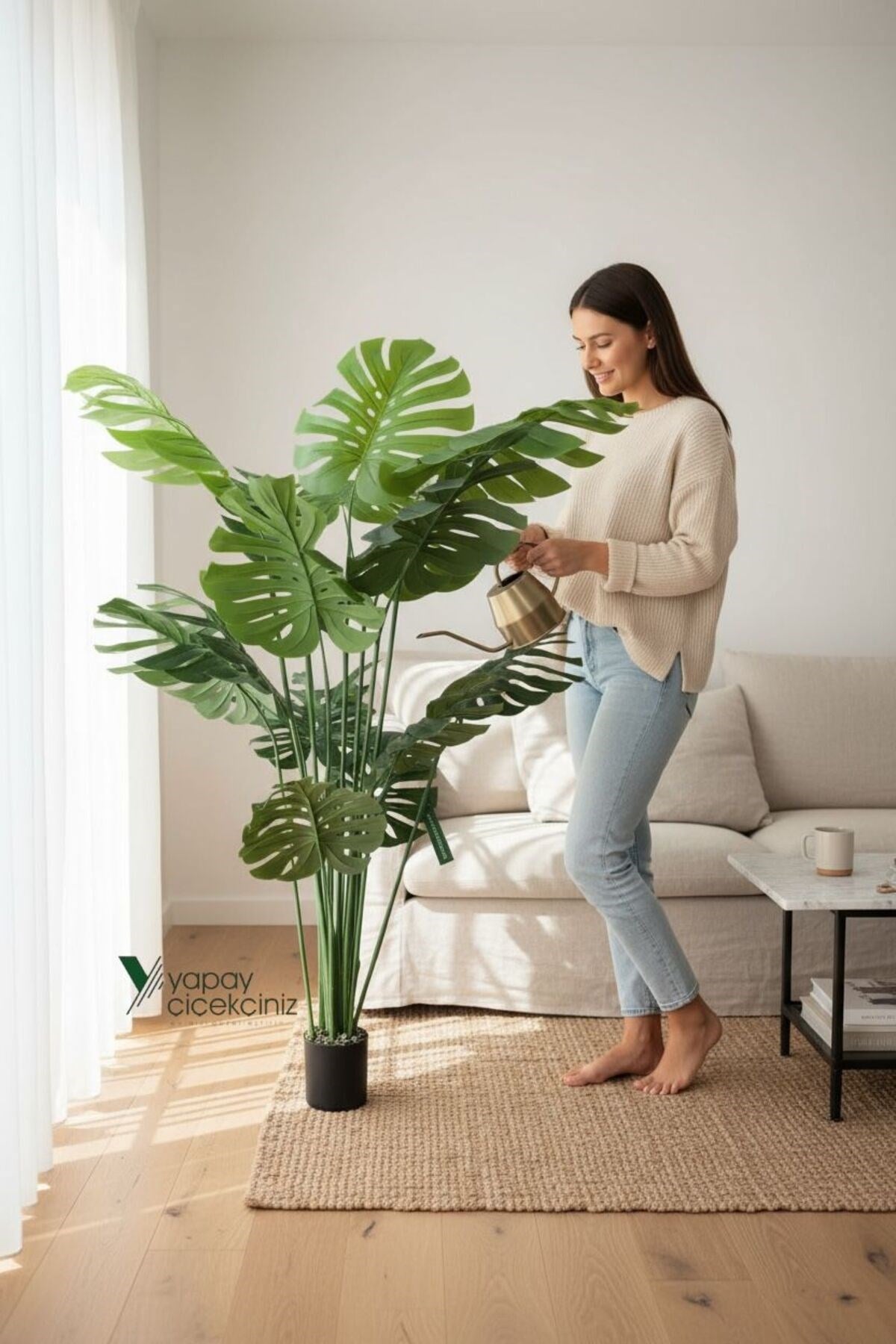 14 Dallı İri Yapraklı Islak Dokulu Lüks Yapay Monstera Deve Tabanı Ağacı