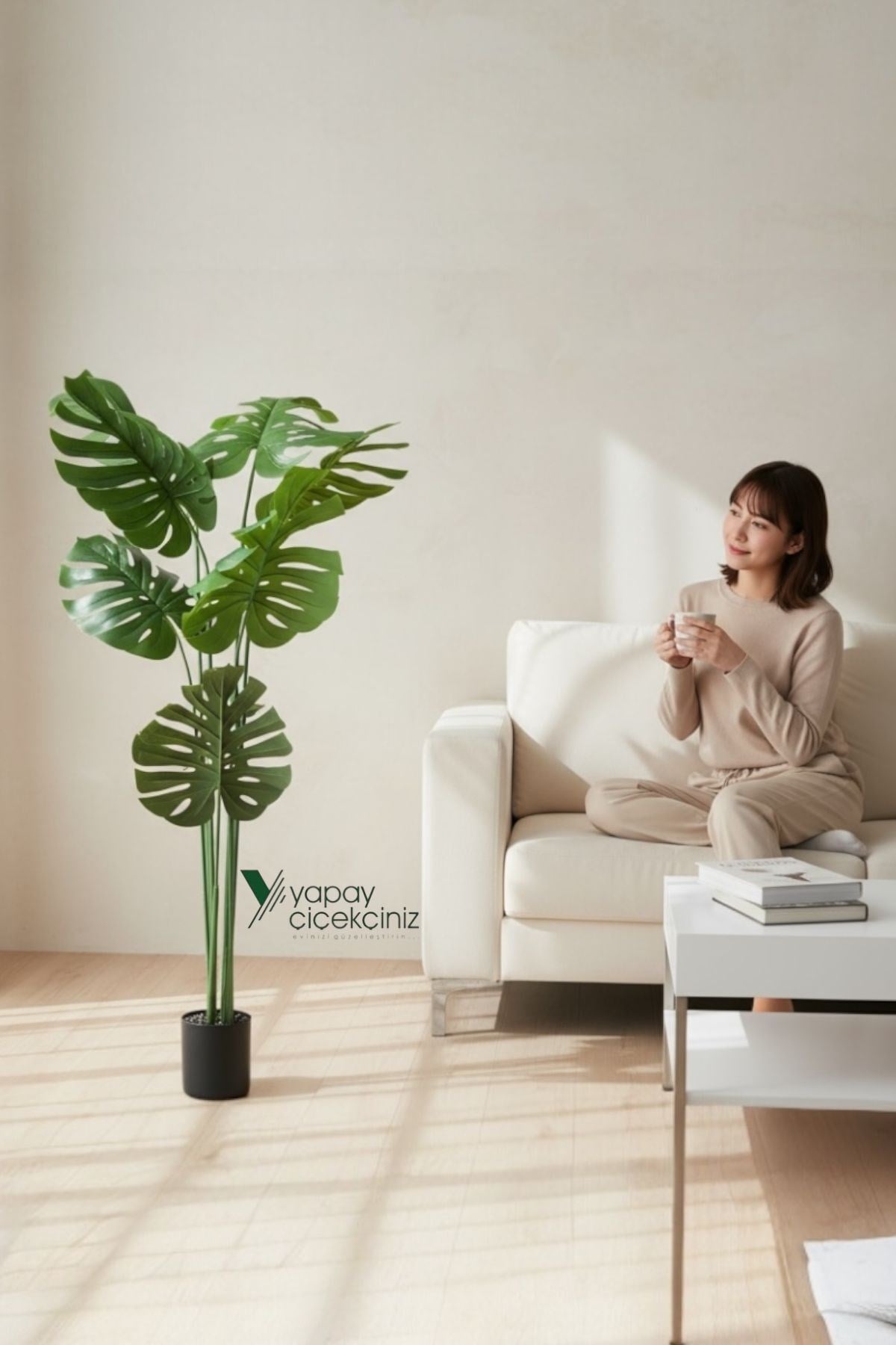 150 cm 7 Dallı Islak Dokulu İri Yapraklı Lüks Yapay Monstera Deve Tabanı Ağacı