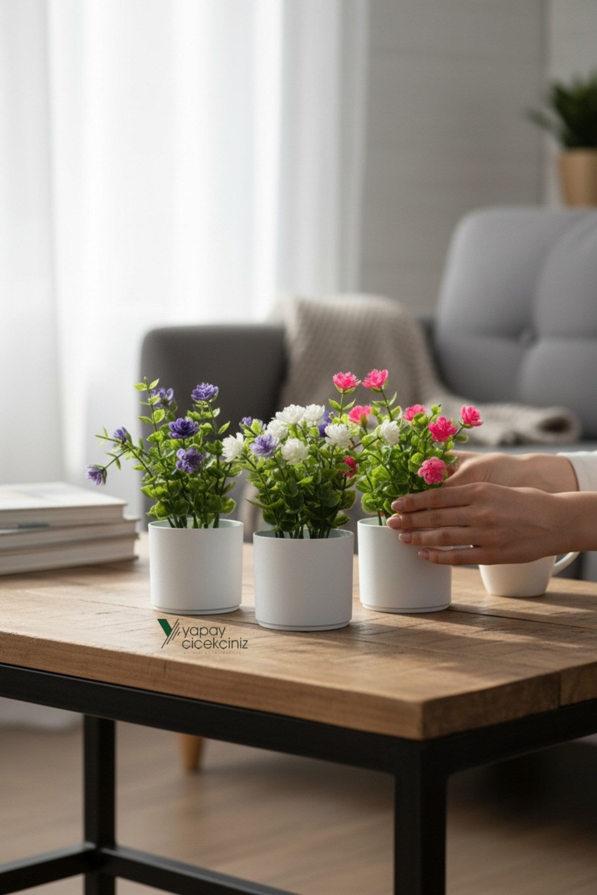 3 Adet Mini Beyaz Saksıda Yapay Çiçek Seti