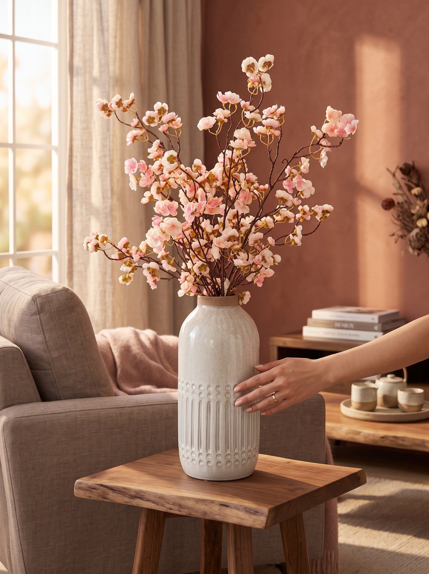 3’lü Yapay Kiraz Çiçeği Sakura Demeti 75 cm Yoğun Çiçekli Dekoratif Yapay Bahar Dalı
