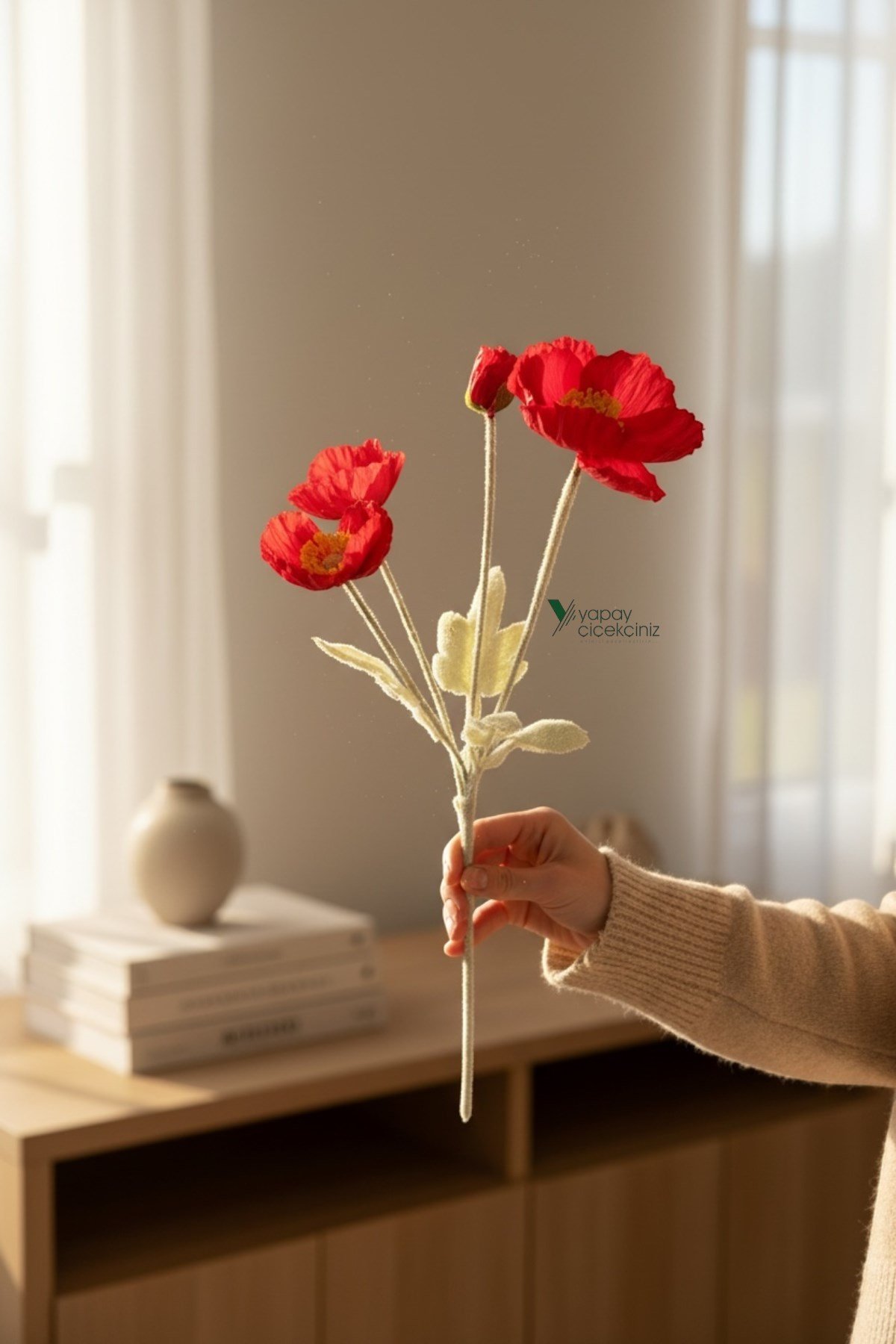 60 cm 4 Dallı Tüylü Dokulu Yapay Gelincik Çiçeği