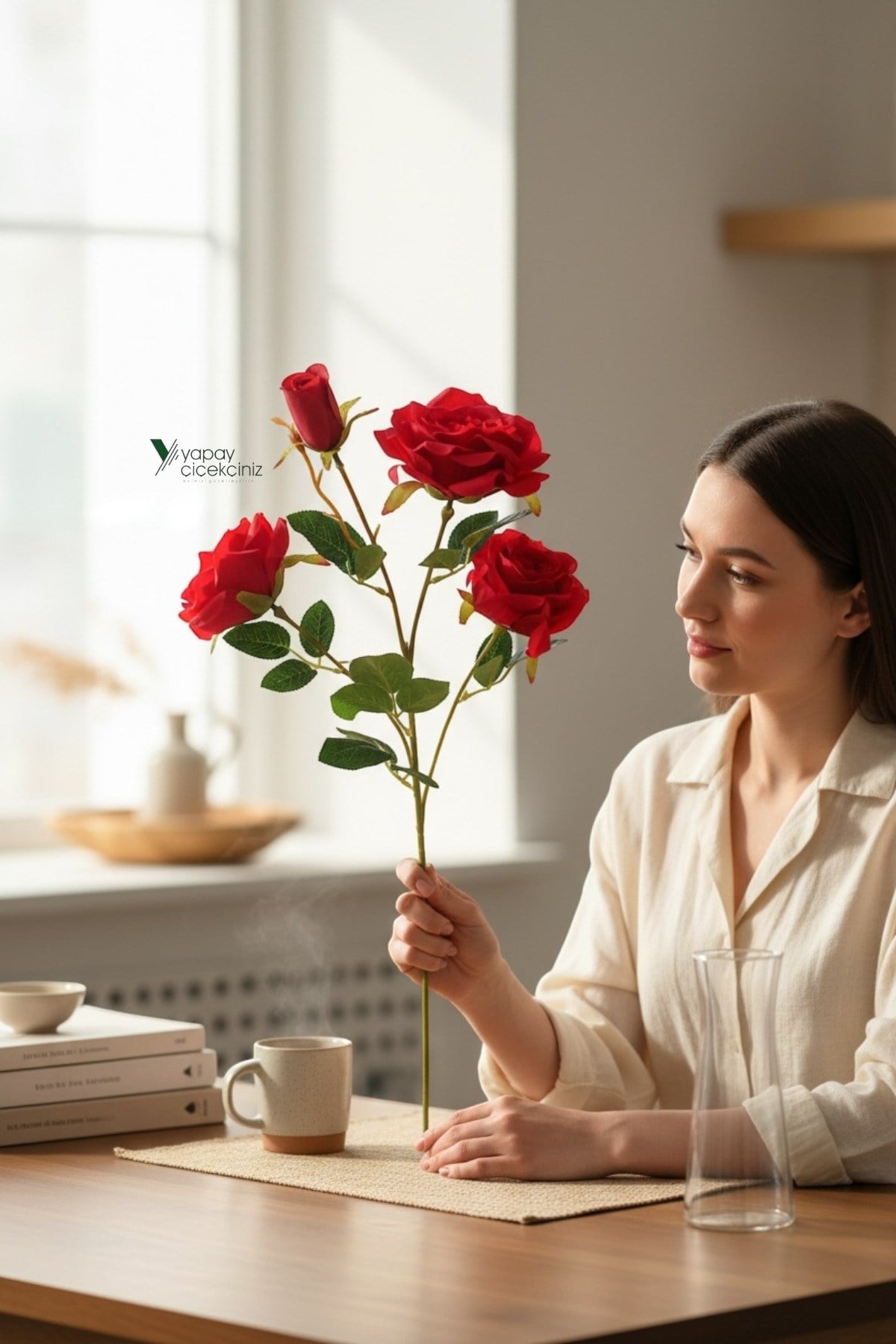 65 CM 4 Dallı Goncalı Yapay Gül – Vazoya Uygun Kaliteli Gerçekçi Gül Dalı