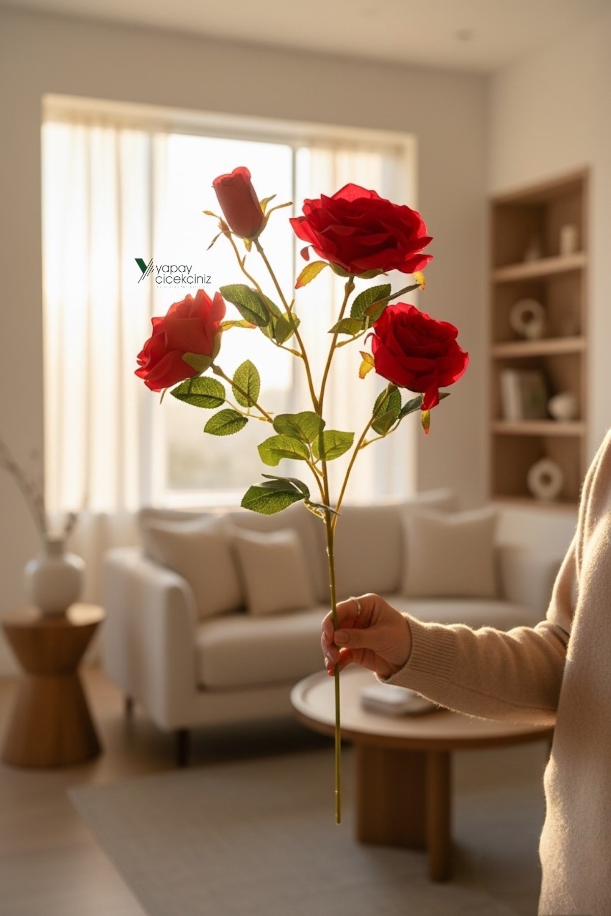 65 CM 4 Dallı Goncalı Yapay Gül – Vazoya Uygun Kaliteli Gerçekçi Gül Dalı