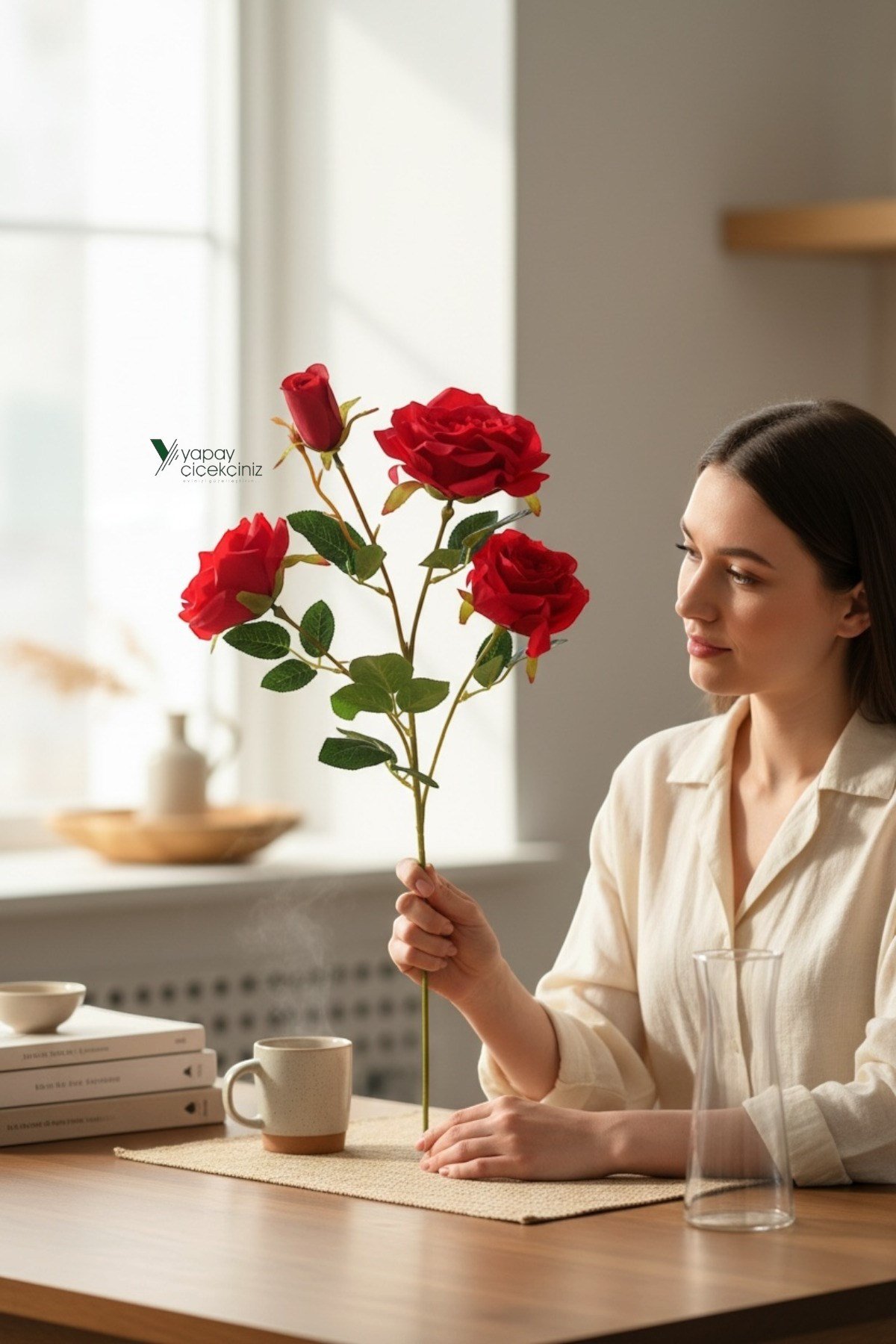 65 CM 4 Dallı Goncalı Yapay Gül – Vazoya Uygun Kaliteli Gerçekçi Gül Dalı