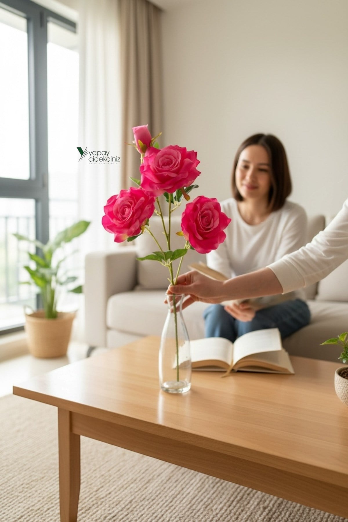65 CM 4 Dallı Goncalı Yapay Gül – Vazoya Uygun Kaliteli Gerçekçi Gül Dalı