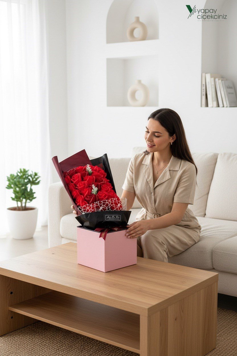 Aşkın Simgesi 33 Kırmızı Güllü 55 CM Lüks Kutulu Yapay Gül Buketi