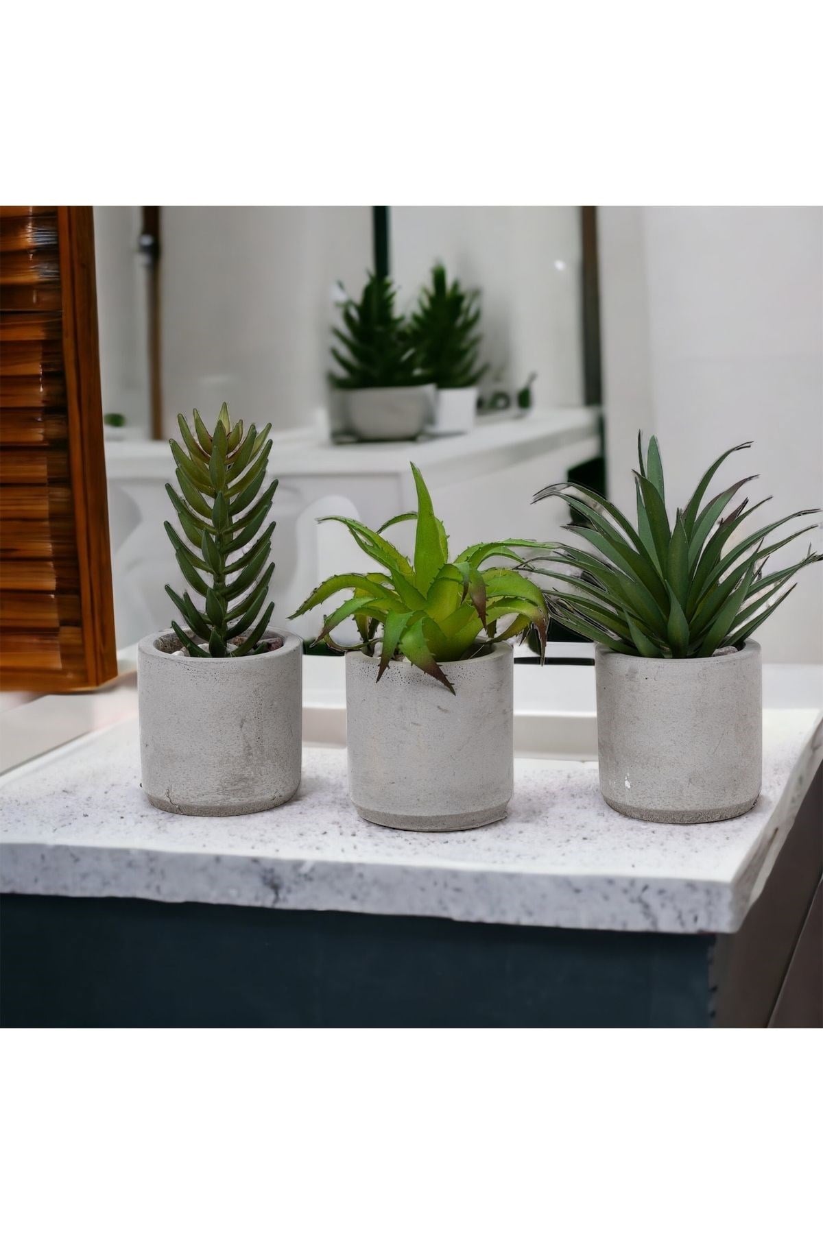 Beton Saksıda Yapay 3'lü Kaktüs Seti