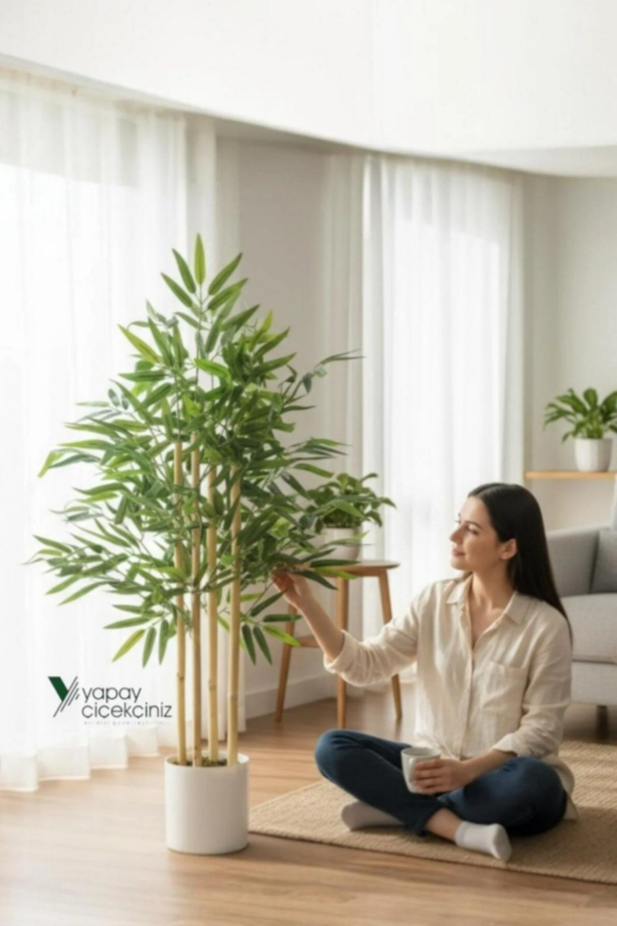 Beyaz Renkli Saksıda 100 cm 4 Gövde Yoğun Yaprak Yapay Bambu Ağacı