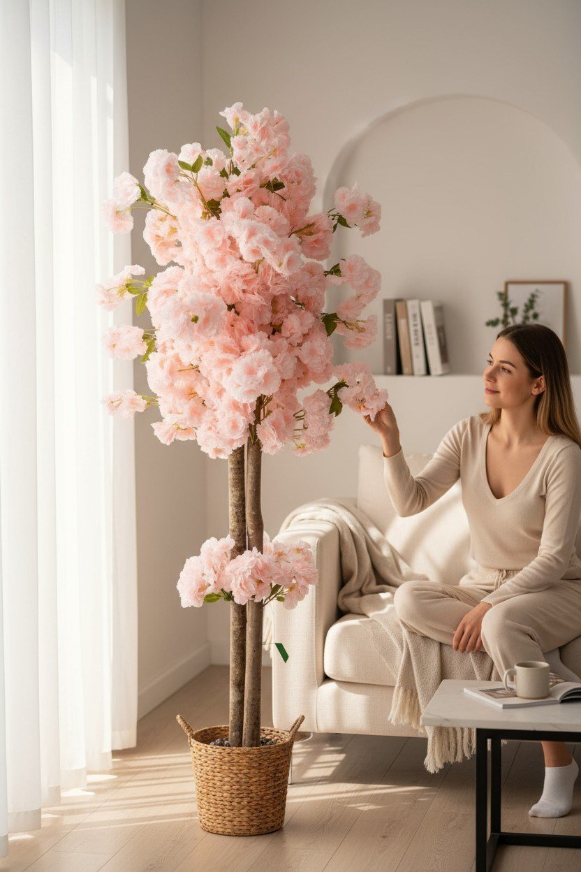 Beyaz Renkli Saksıda 150 cm Yapay Bahardalı Ağacı Yoğun Yaprak