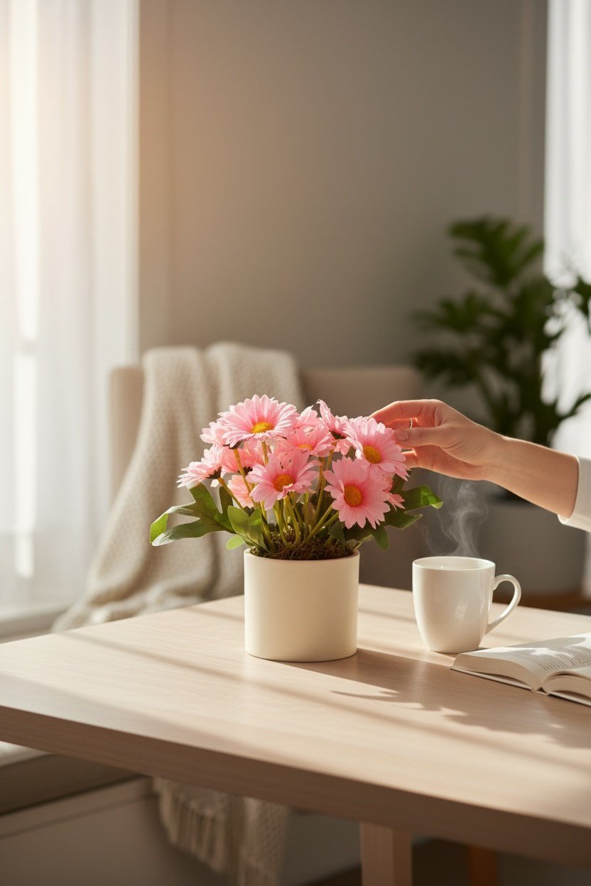 Beyaz Renkli Saksıda Yapay Papatya 18 cm Yoğun Yapraklı