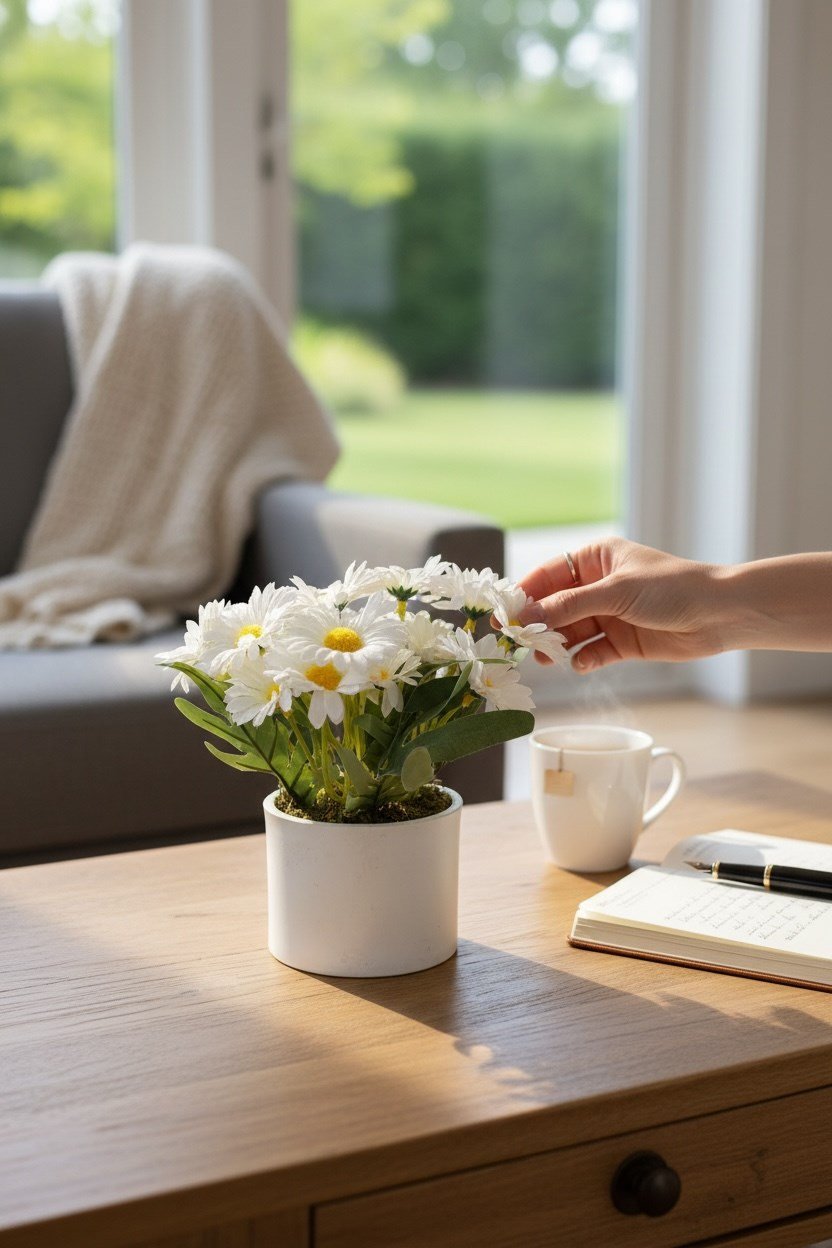 Beyaz Renkli Saksıda Yapay Papatya 18 cm Yoğun Yapraklı