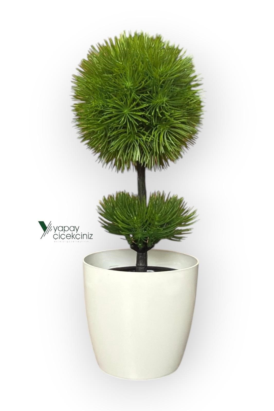 Beyaz Saksı 25 cm Yapay Top Şimşir