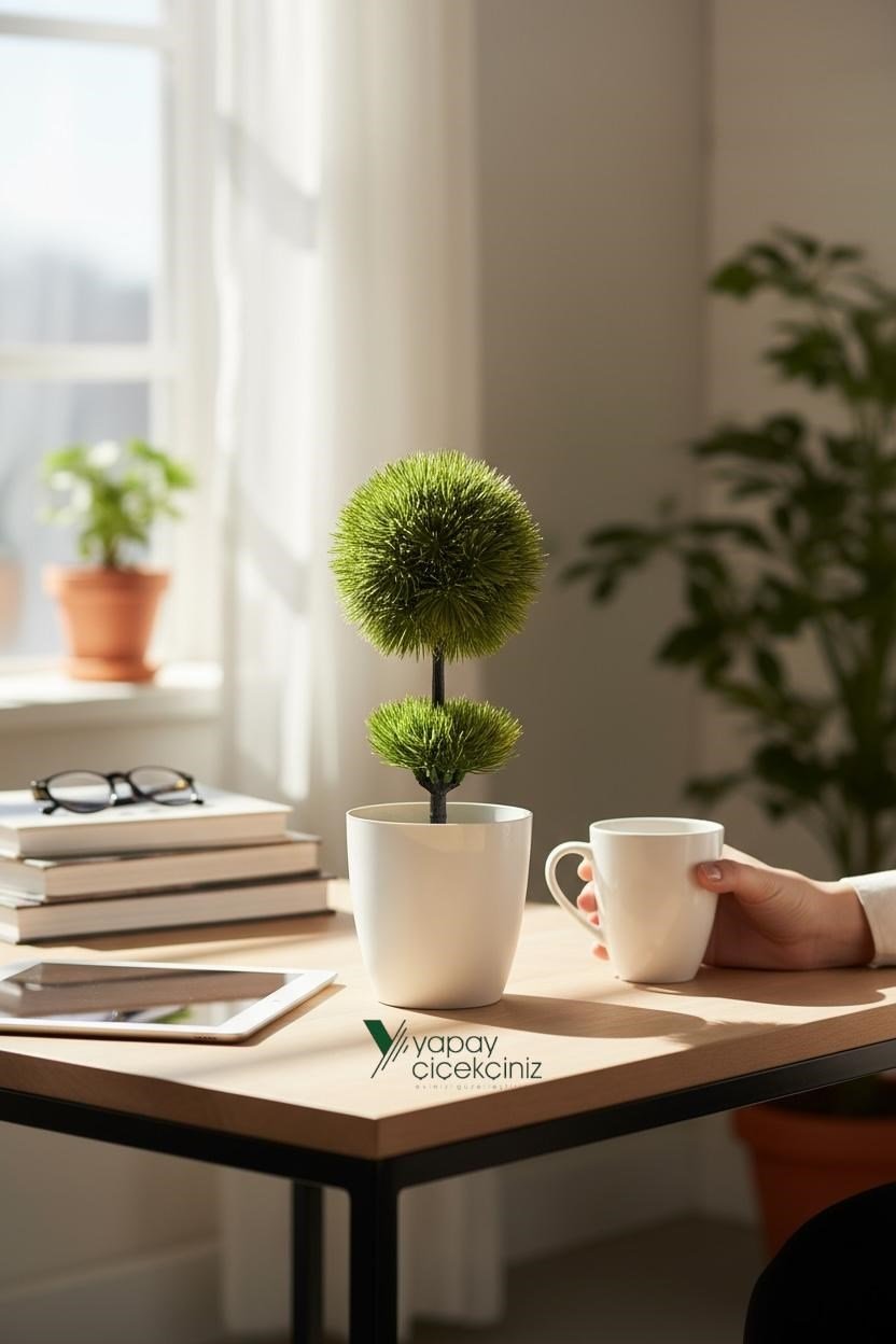 Beyaz Saksı 25 cm Yapay Top Şimşir